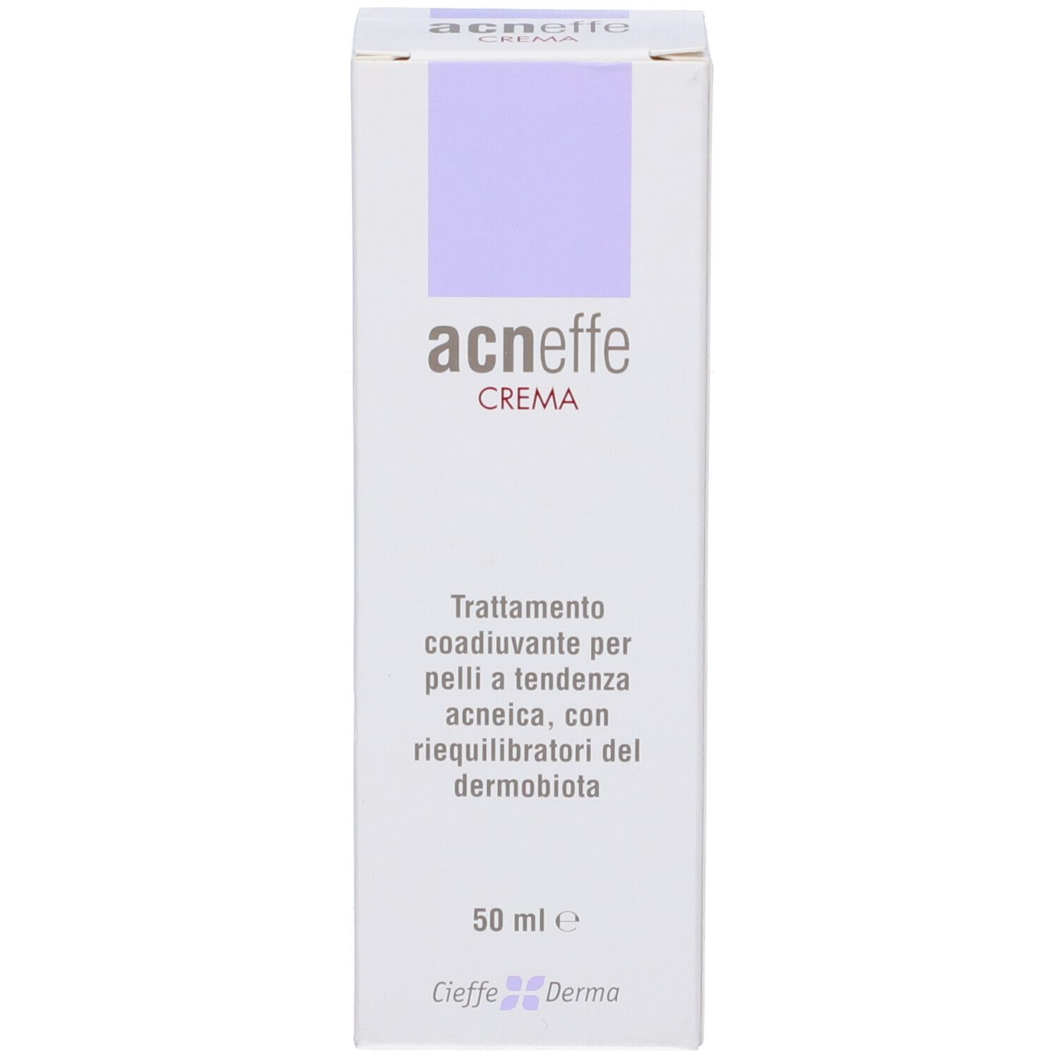Scatola bianca con accento lilla. Scritta: Acneffe Crema. Testo: Trattamento per pelli a tendenza acneica. 50 ml. Cieffe Derma.