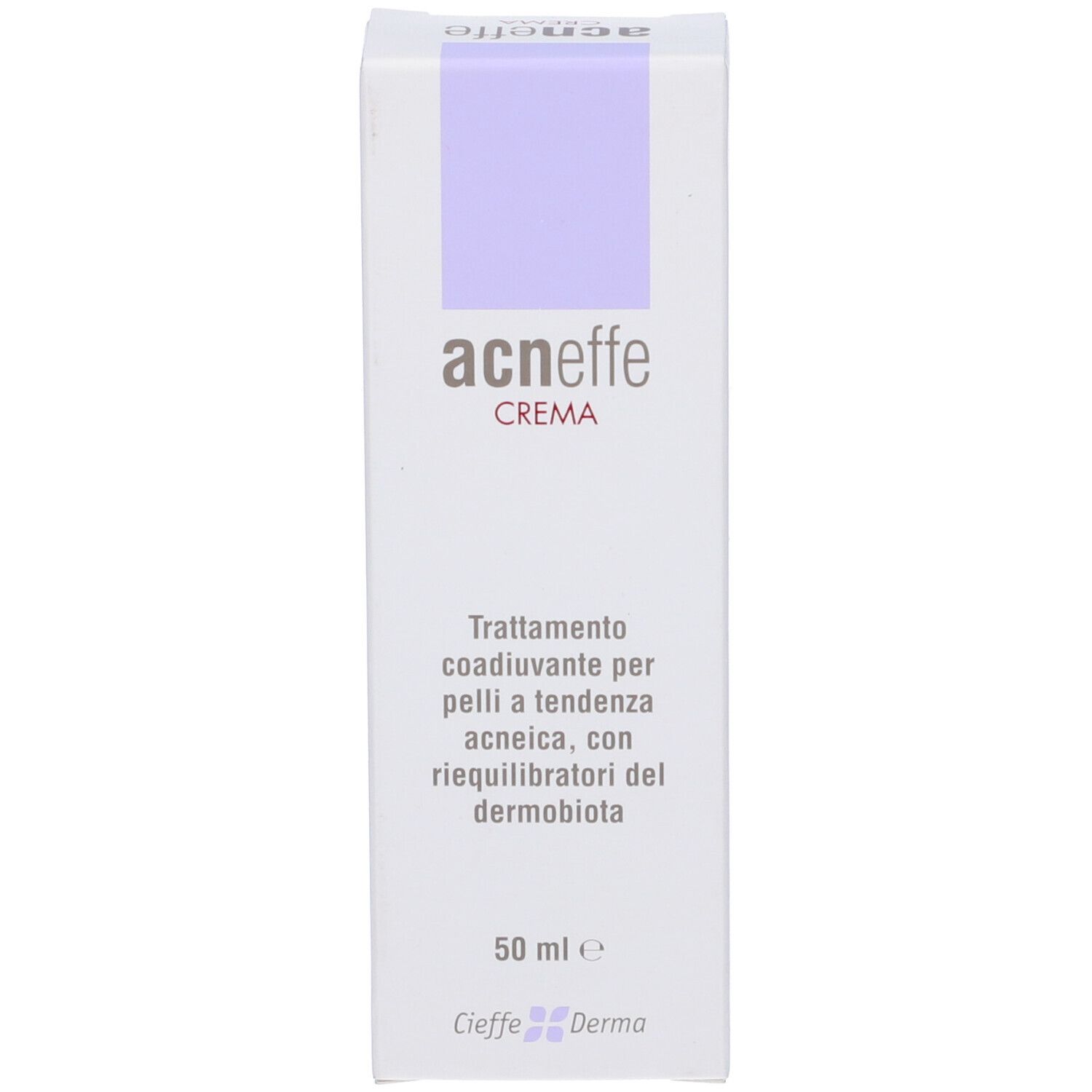 Scatola bianca con accento lilla. Scritta: Acneffe Crema. Testo: Trattamento per pelli a tendenza acneica. 50 ml. Cieffe Derma.