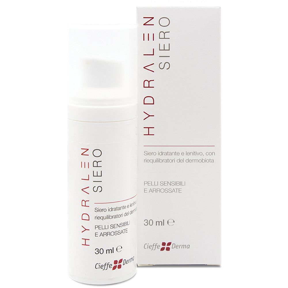 Flacone bianco con pompa e scatola. Scritta: Hydralen Siero, 30 ml. Marchio: Cieffe Derma.