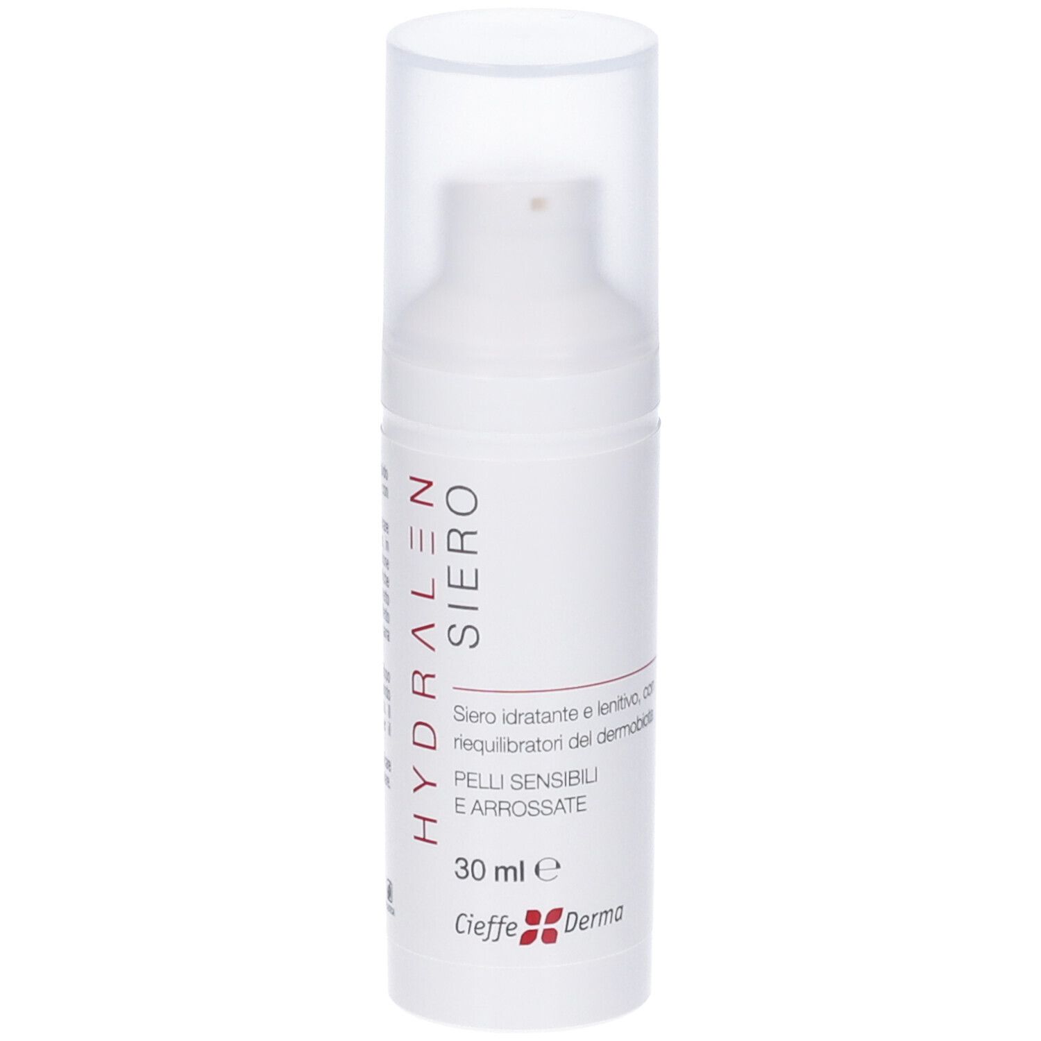 Flacone bianco con pompa e tappo trasparente. Scritta: Hydralen Siero, 30 ml. Marchio: Cieffe Derma.