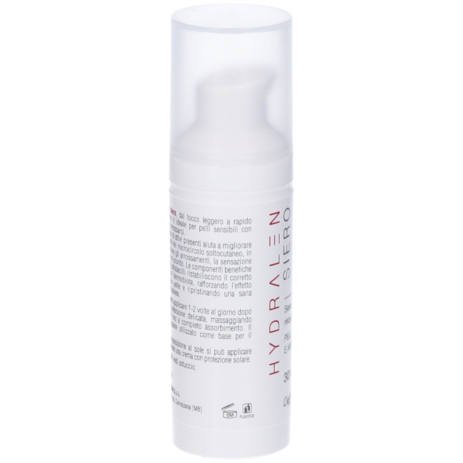 Flacone bianco con pompa e tappo trasparente. Scritta: Hydralen Siero, 30 ml. Marchio: Cieffe Derma.