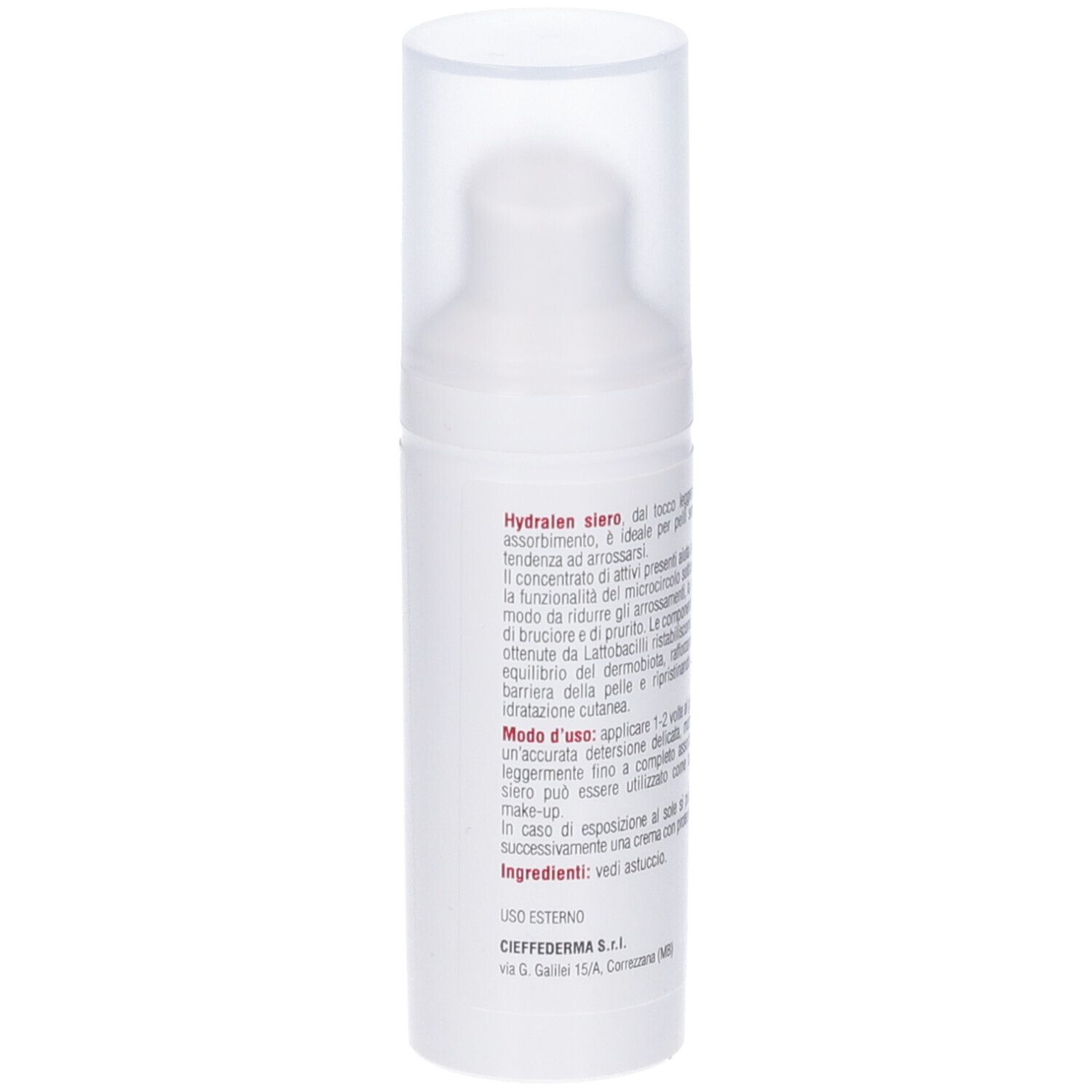 Flacone bianco con pompa e tappo trasparente. Scritta: Hydralen Siero, 30 ml. Marchio: Cieffe Derma.