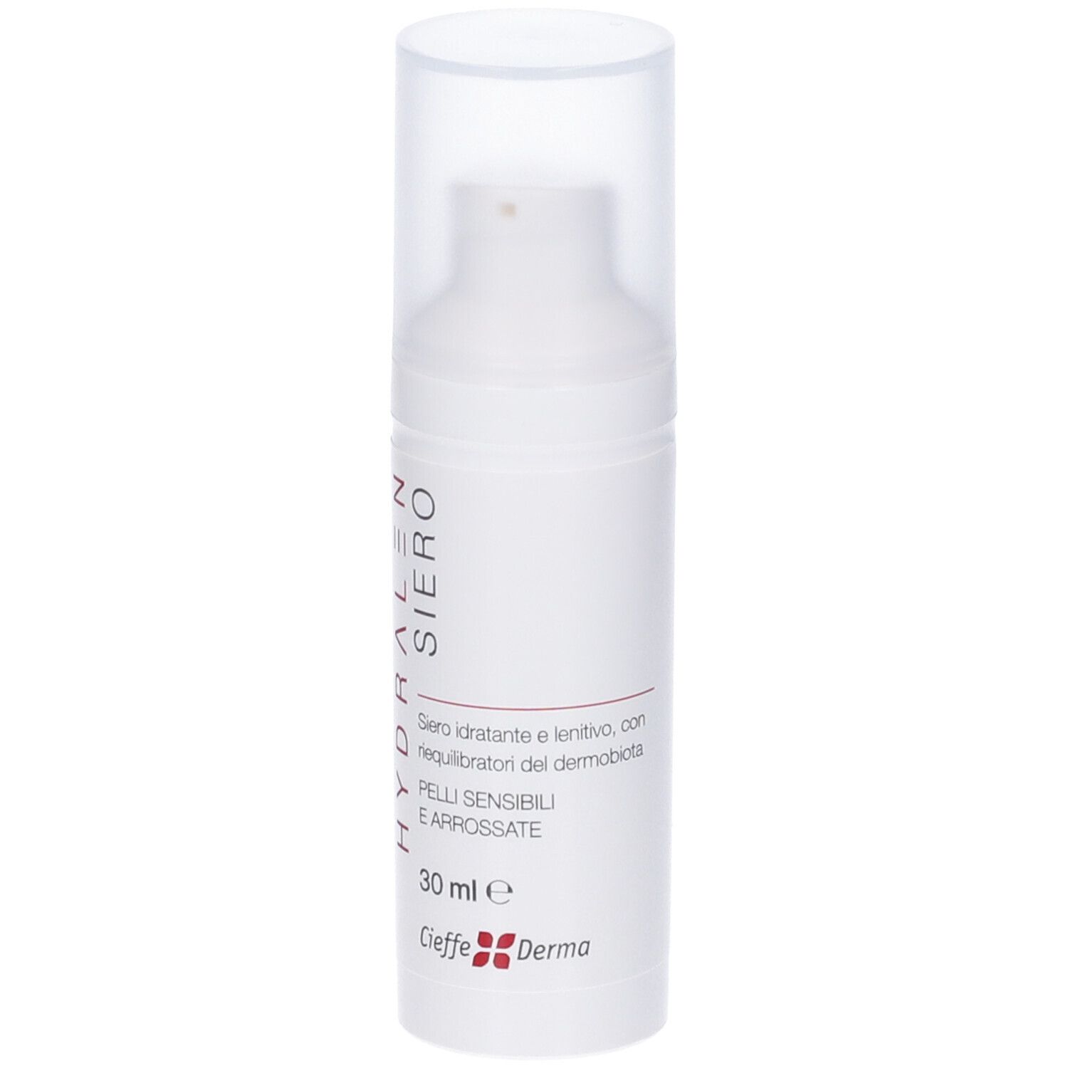 Flacone bianco con pompa e tappo trasparente. Scritta: Hydralen Siero, 30 ml. Marchio: Cieffe Derma.