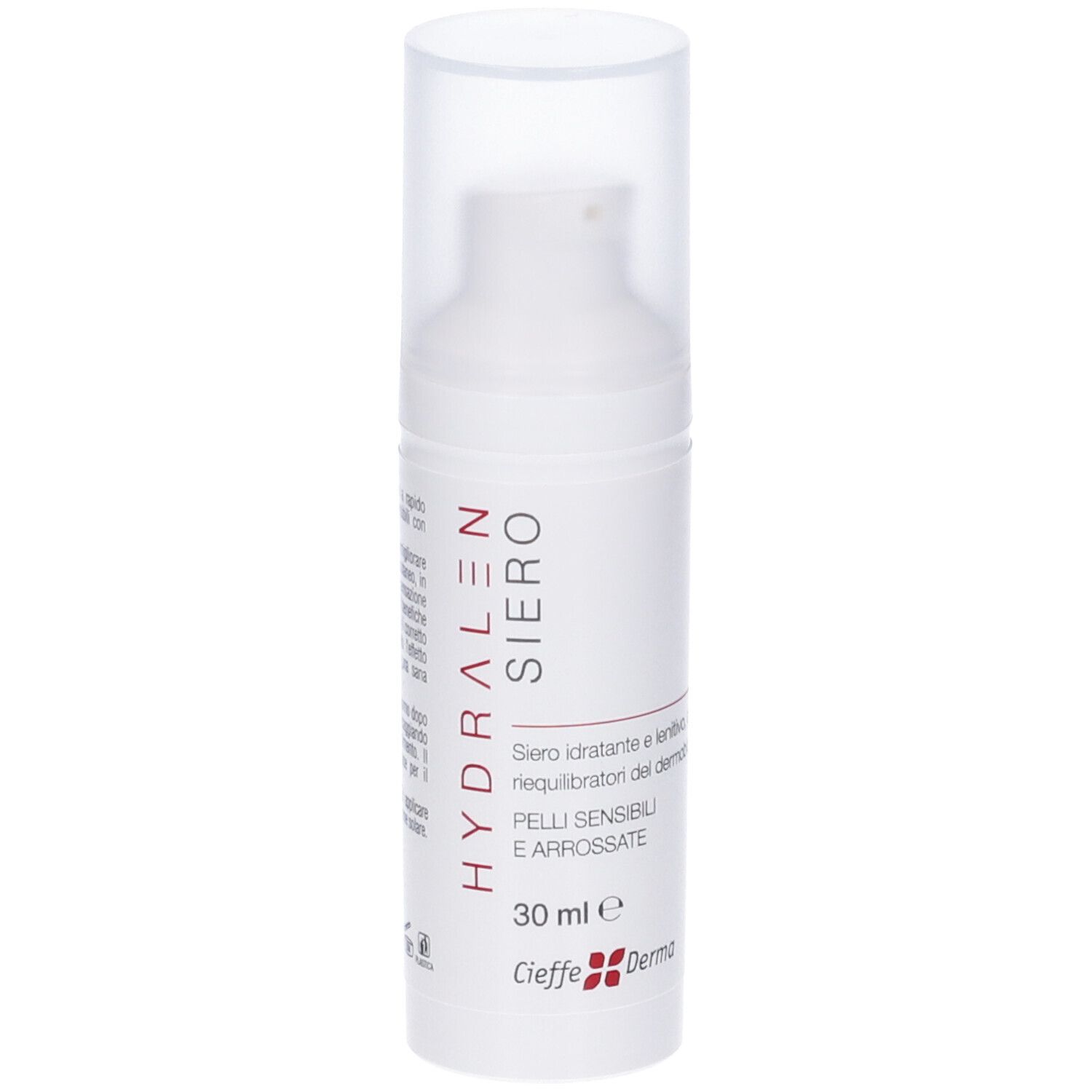Flacone bianco con pompa e tappo trasparente. Scritta: Hydralen Siero, 30 ml. Marchio: Cieffe Derma.