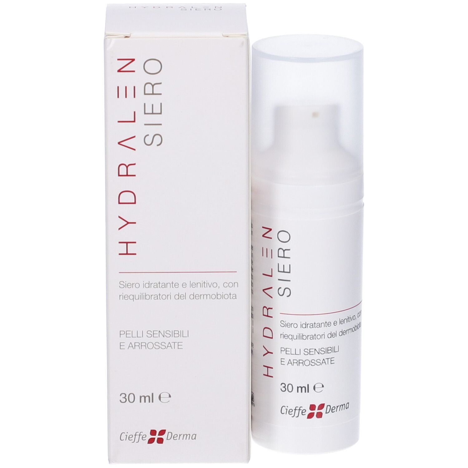 Flacone bianco con pompa e scatola. Scritta: Hydralen Siero, 30 ml. Marchio: Cieffe Derma.