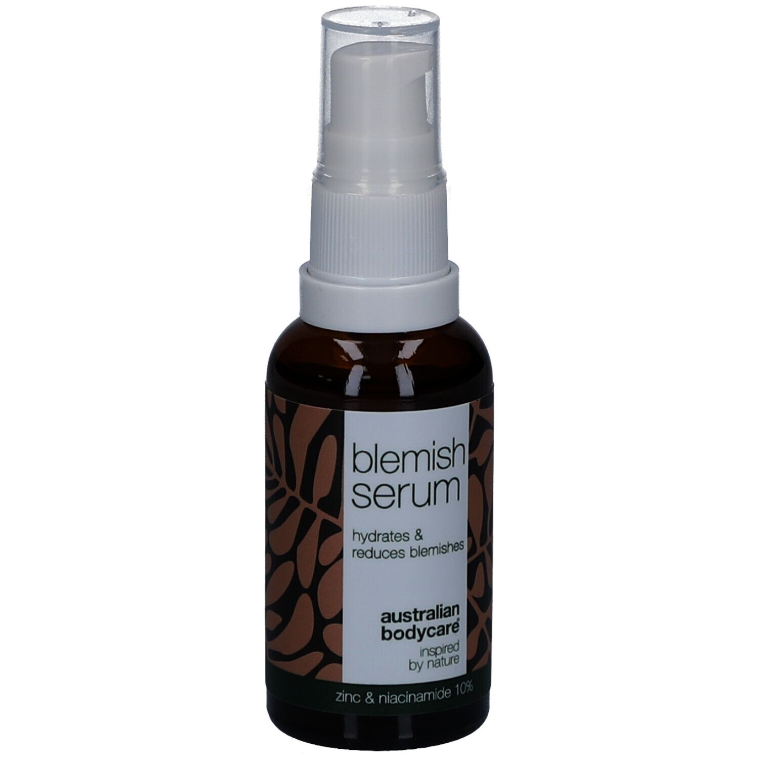 Braune Flasche mit weißem Pumpkopf. Aufschrift: Blemish Serum, hydratisiert & reduziert Hautunreinheiten.