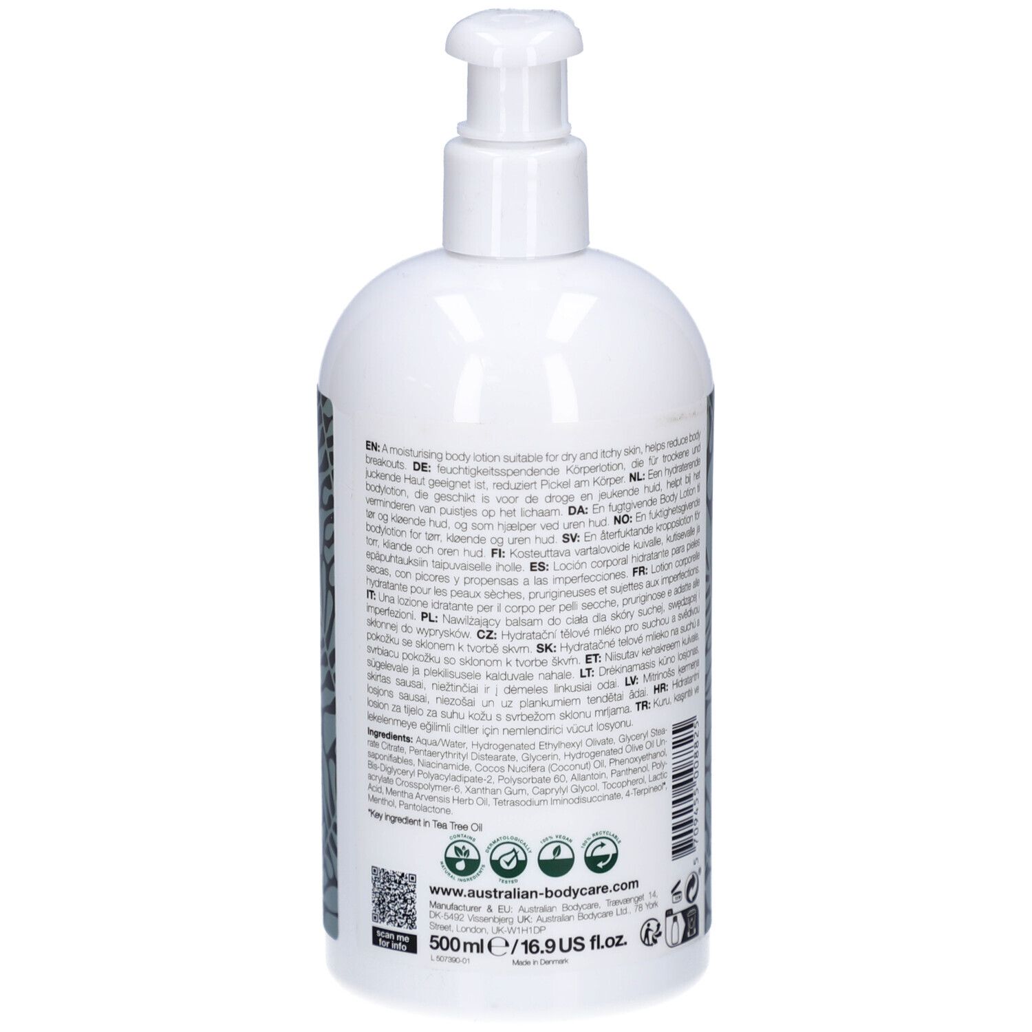 Weiße Flasche mit Pumpe. Aufkleber mit floralem Muster und Text. Rückseite mit Text.