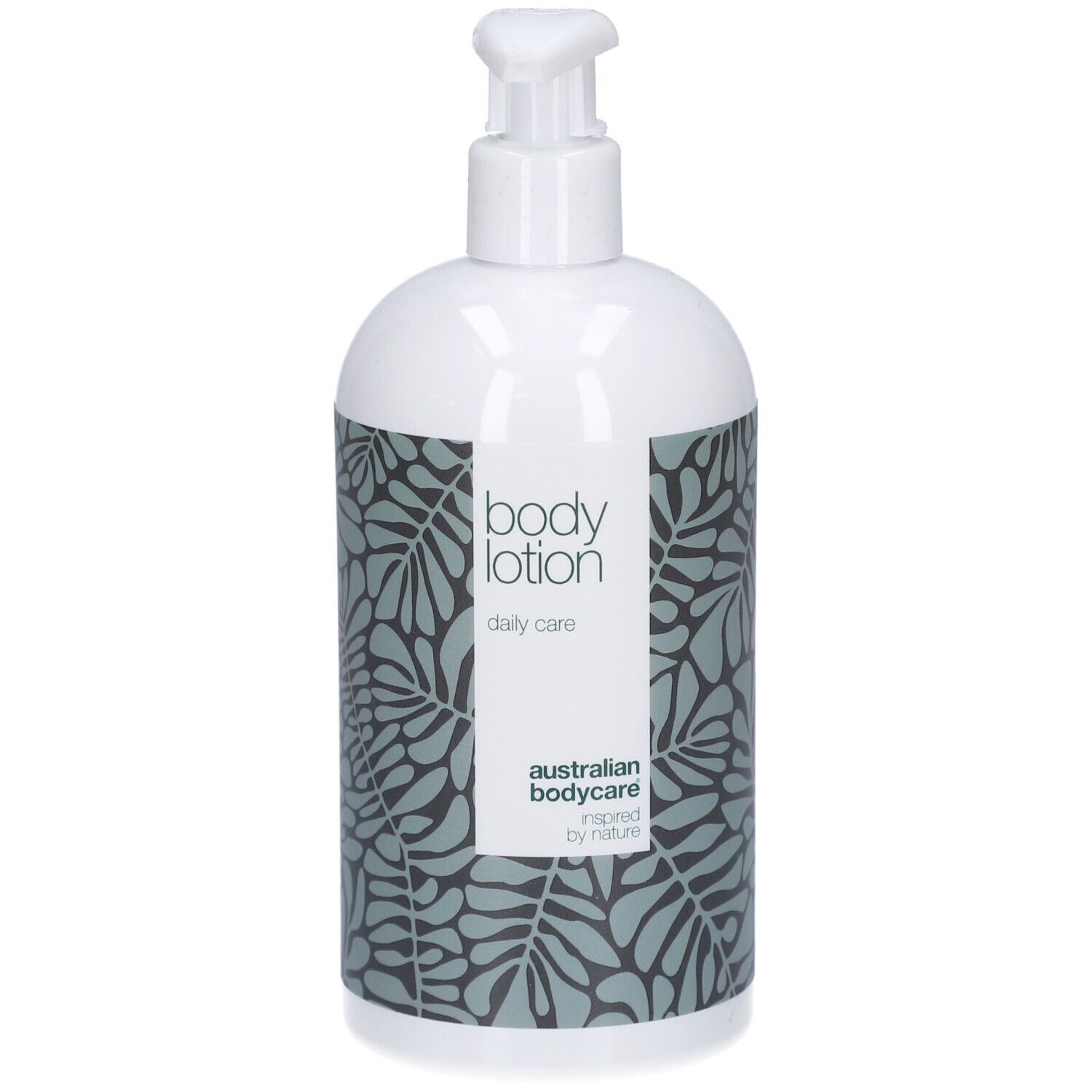 Weiße Flasche mit Pumpe. Aufkleber mit floralem Muster und Text: body lotion, australian bodycare.