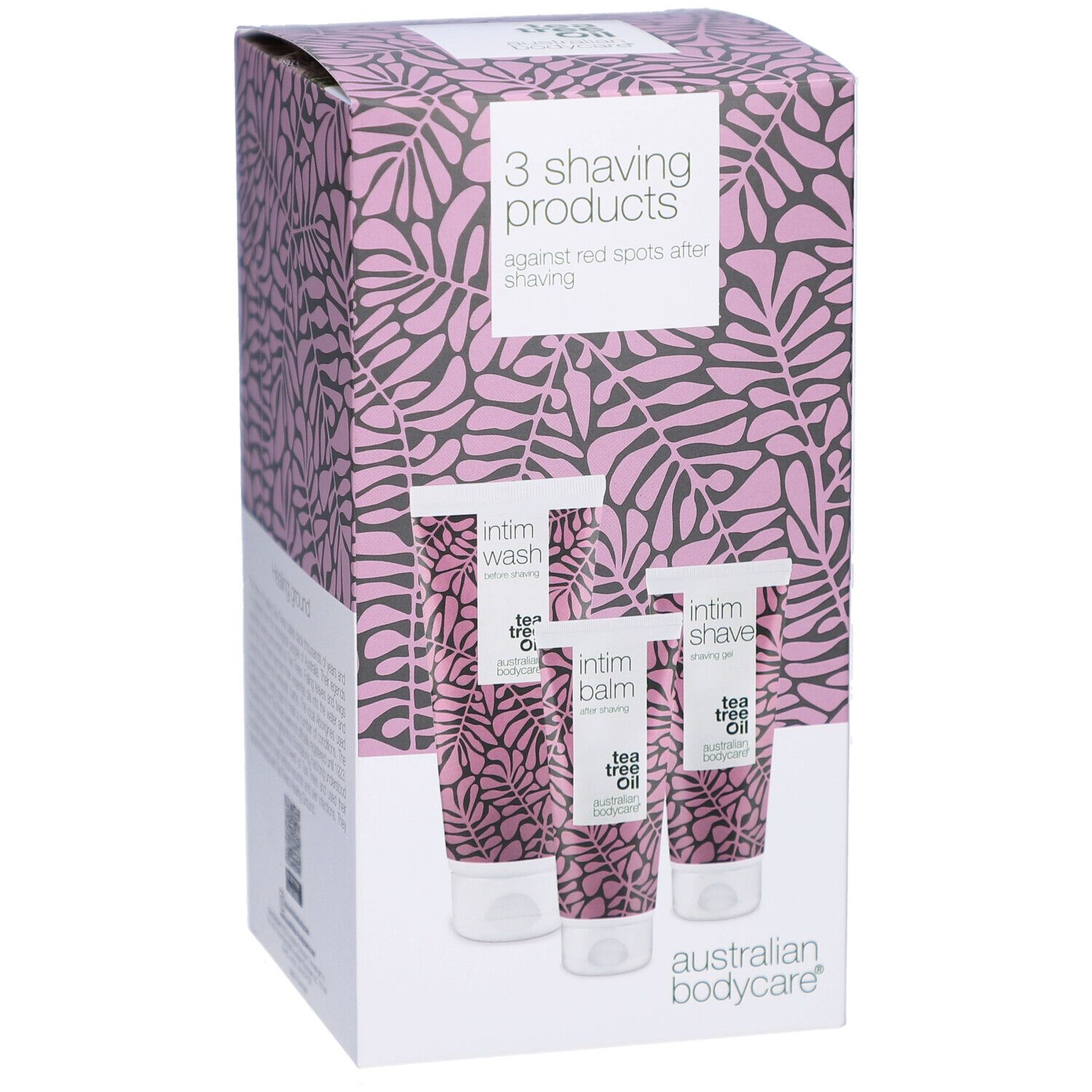 Verpackung mit drei Intimpflegeprodukten: Intim Wash, Intim Balm, Intim Shave. Marke: Australian Bodycare.