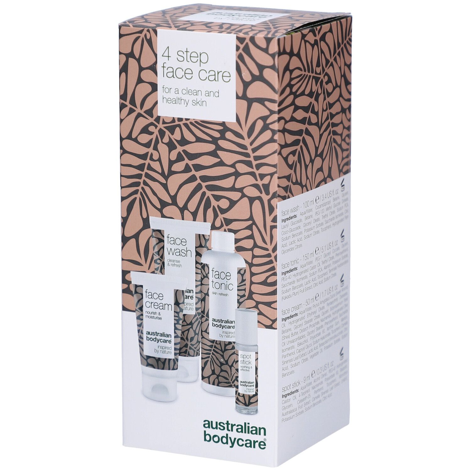 Kartonverpackung mit vier Gesichtspflegeprodukten. Produkte: Face Wash, Face Tonic, Face Cream, Spot Stick. Hintergrundmuster.