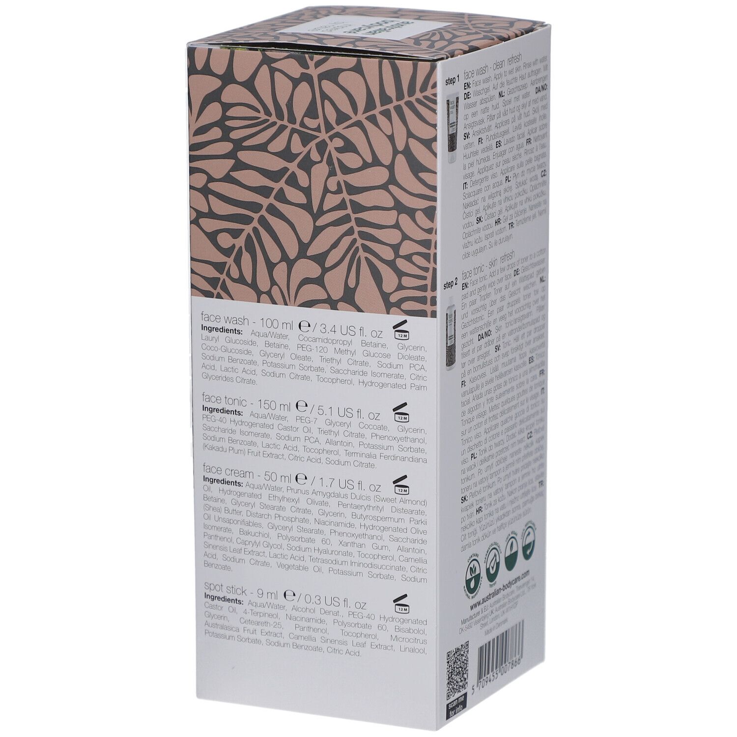 Rückseite der Verpackung. Enthält Informationen zu den Produkten und Anwendungsanweisungen in verschiedenen Sprachen.