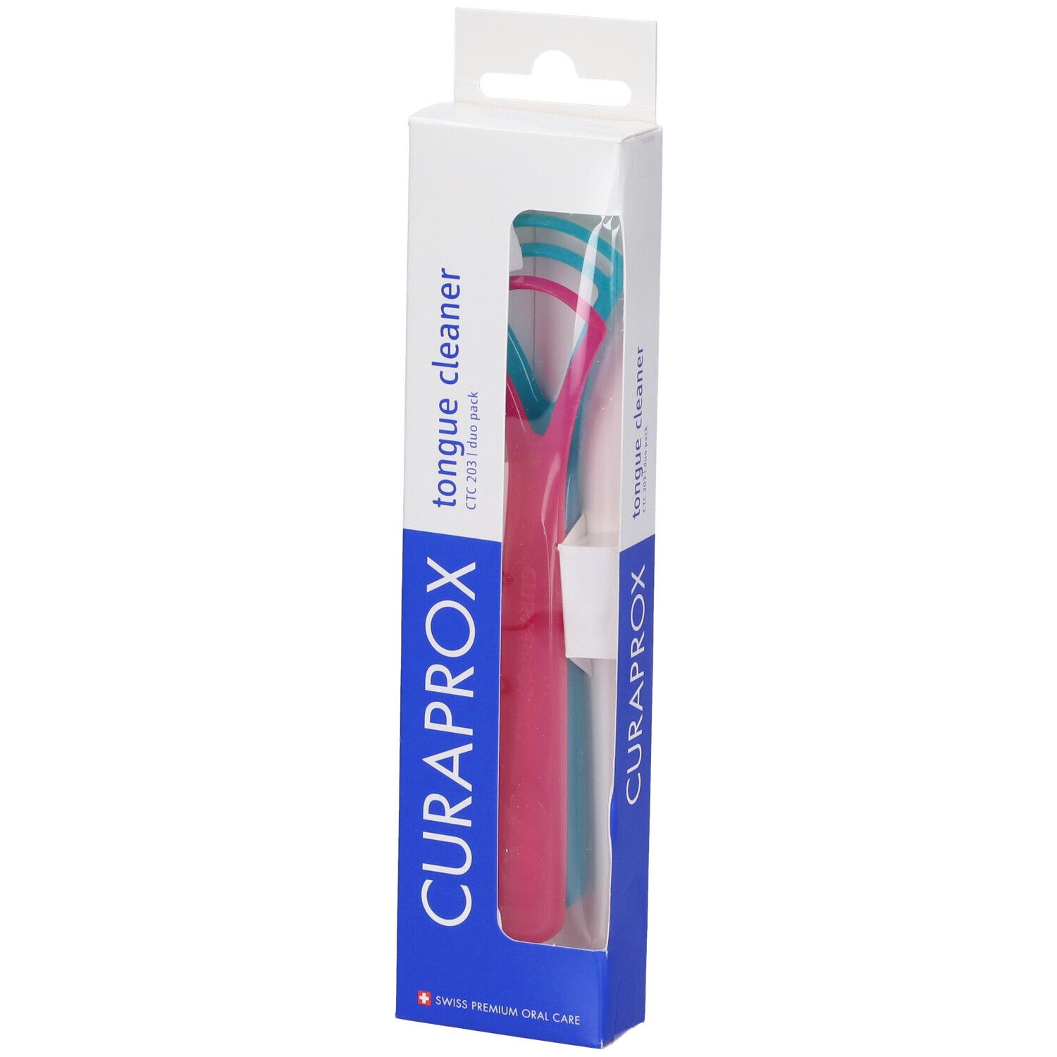 Puliscilingua in confezione. Rosa e turchese. Marchio Curaprox. "Tongue cleaner" e "CTC 203 duo pack" visibili.