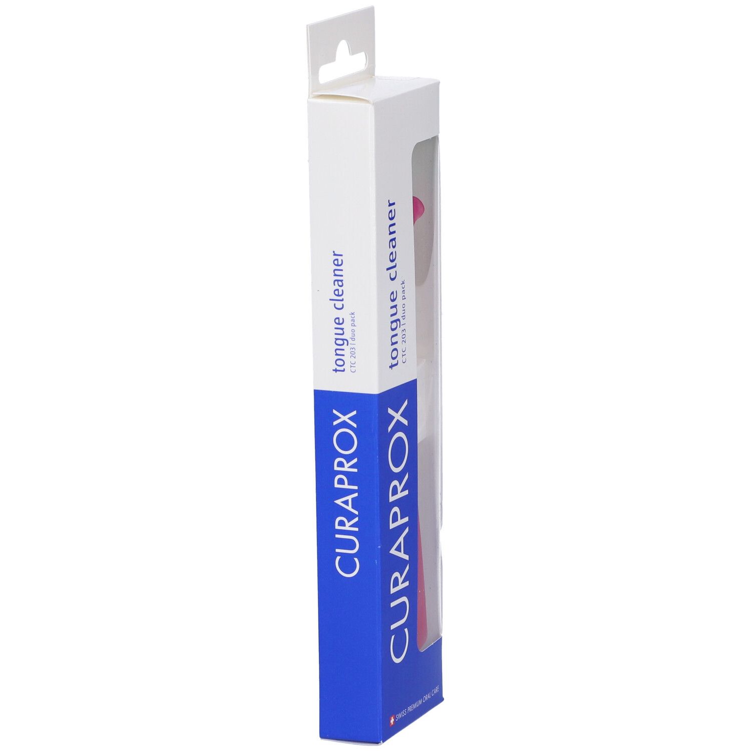 Confezione di un puliscilingua. Bianco e blu. Marchio Curaprox. "Tongue cleaner" e nome del prodotto visibili.