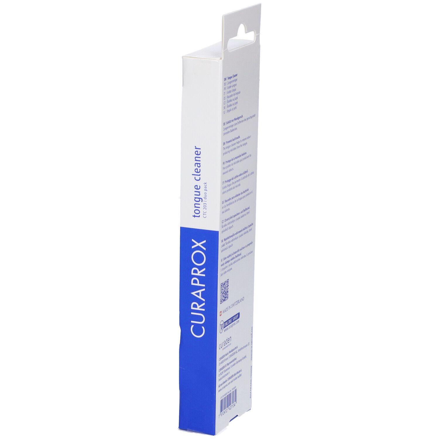 Confezione di un puliscilingua. Bianco e blu. Marchio Curaprox. "Tongue cleaner" e nome del prodotto visibili.
