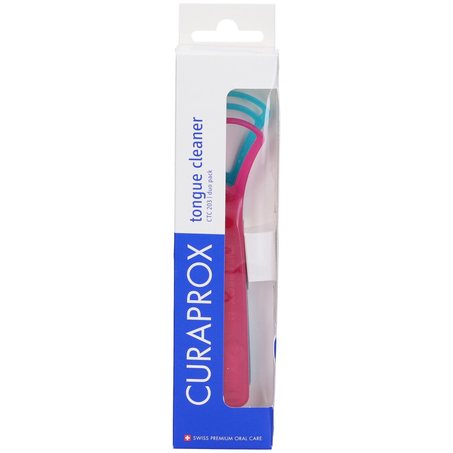 Puliscilingua in confezione. Rosa e turchese. Marchio Curaprox. "Tongue cleaner" e "CTC 203 duo pack" visibili.