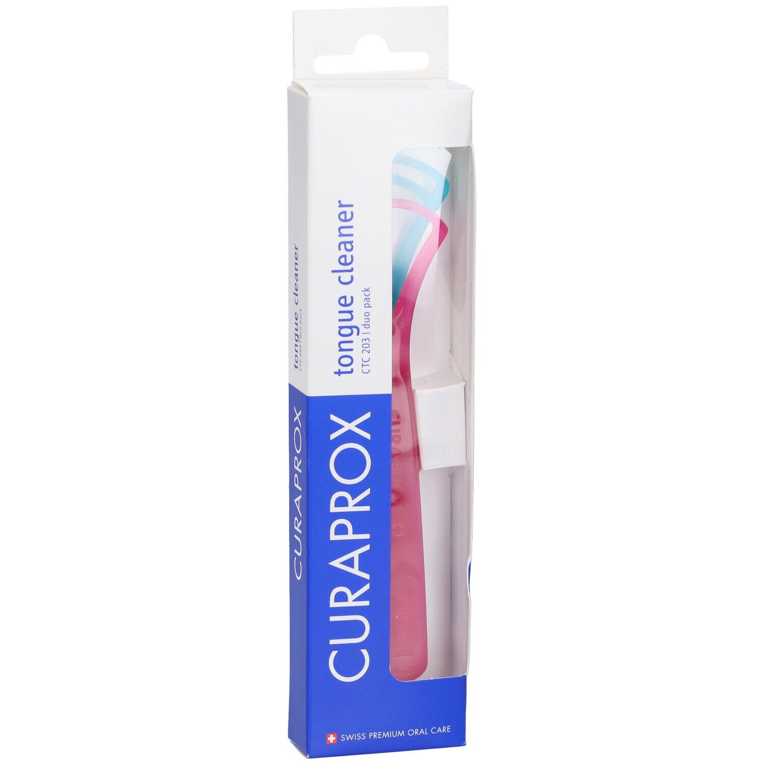 Puliscilingua in confezione. Rosa e turchese. Marchio Curaprox. "Tongue cleaner" e "CTC 203 duo pack" visibili.