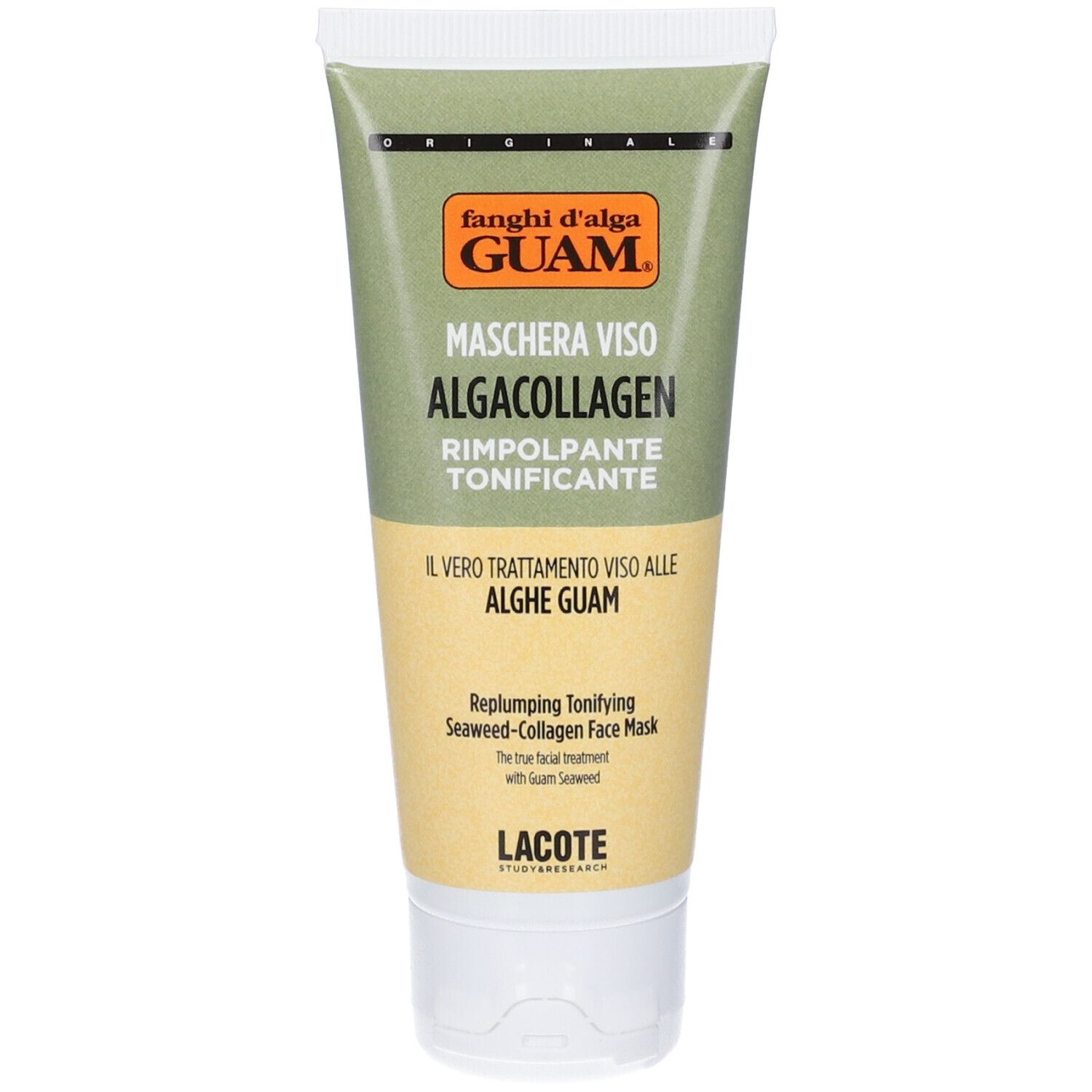 Tubo verde con tappo bianco. Scritta: Fanghi d'alga Guam, Maschera Viso AlgaCollagen Rimpolpante Tonificante.