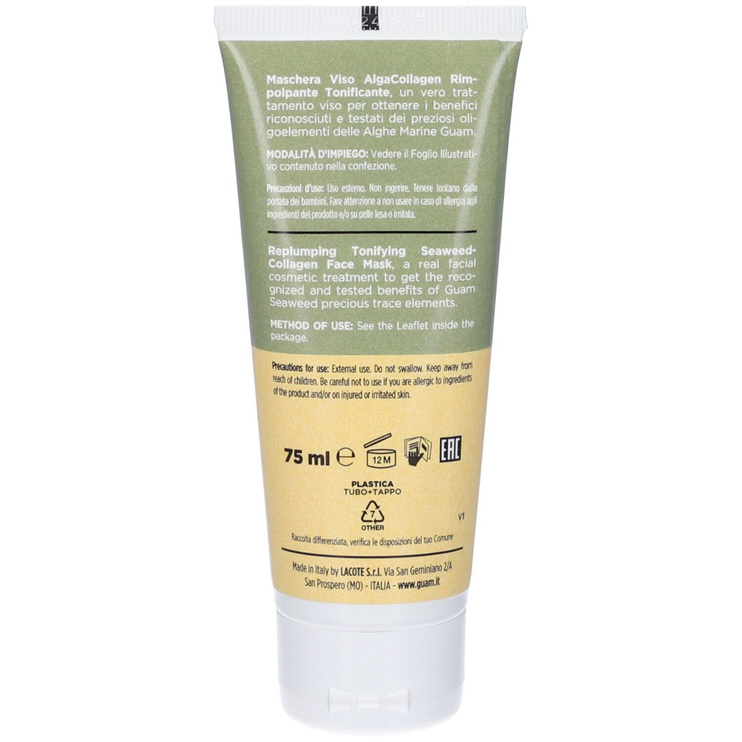 Retro di un tubo verde. Testo in italiano e inglese. Scritta: 75 ml, 12M, EAC.