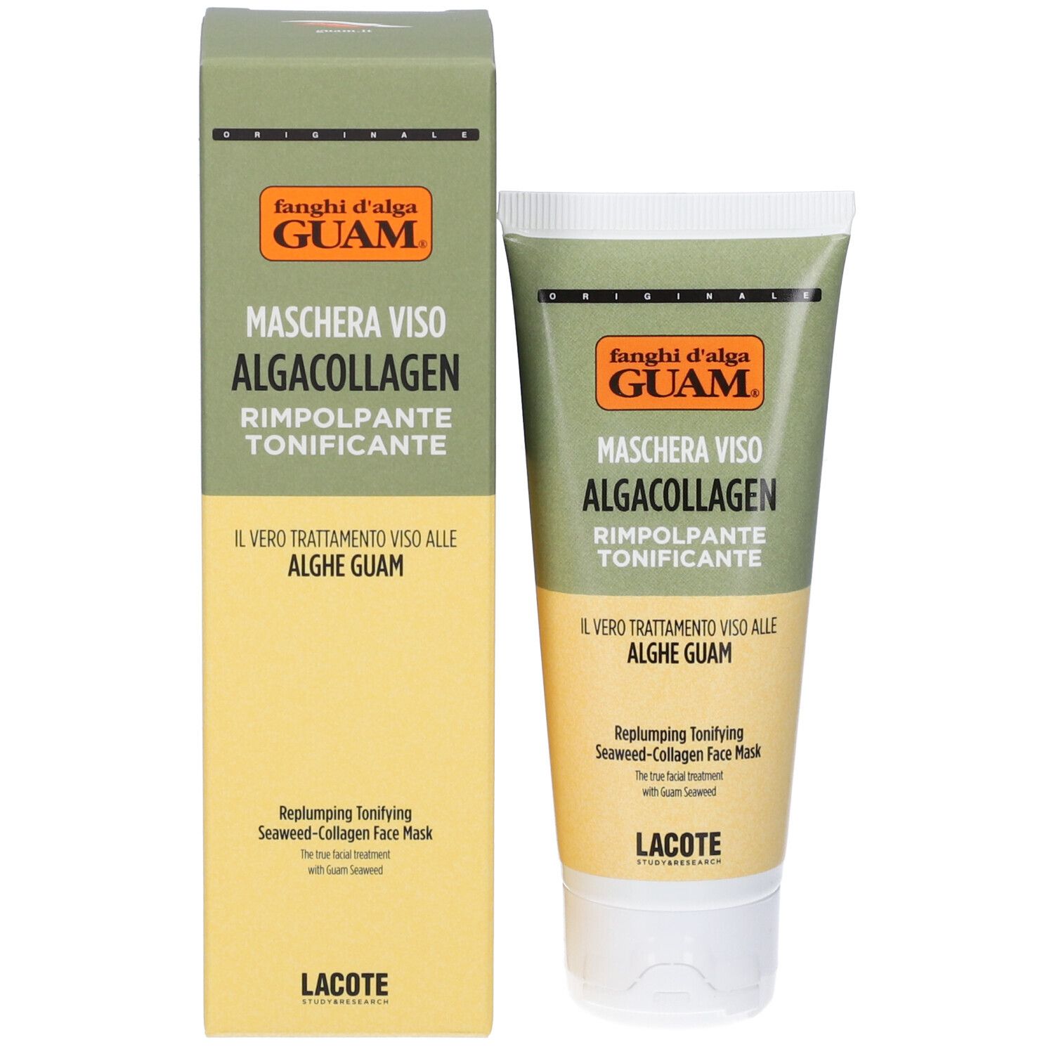 Confezione del prodotto con tubo e scatola. Scritta: Fanghi d'alga Guam, Maschera Viso AlgaCollagen Rimpolpante Tonificante.