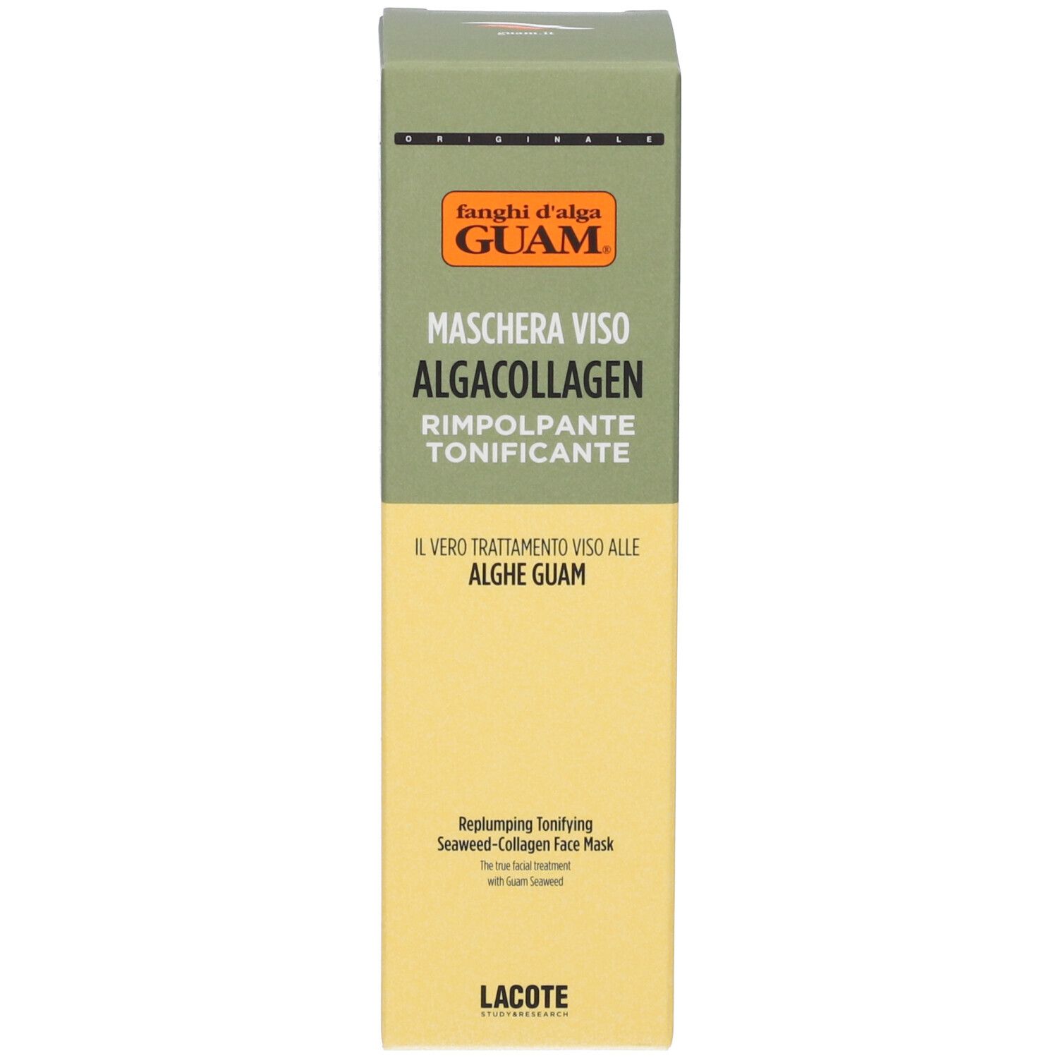 Confezione in cartone. Scritta: Fanghi d'alga Guam, Maschera Viso AlgaCollagen Rimpolpante Tonificante.