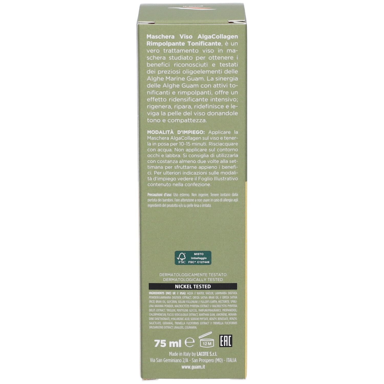 Retro della confezione in cartone. Testo in italiano e inglese. Scritta: 75 ml, Nickel Tested.