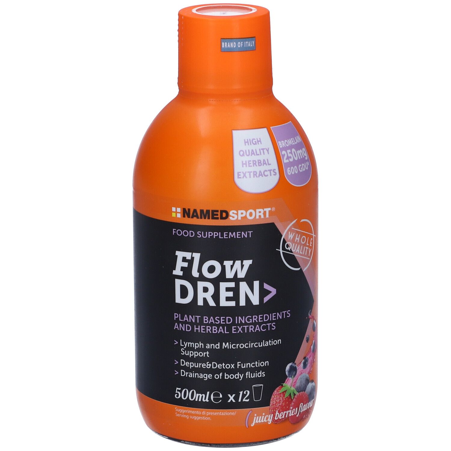 Bottiglia arancione NAMED SPORT Flow DREN. Etichetta con informazioni e ingredienti. Gusto frutti di bosco.