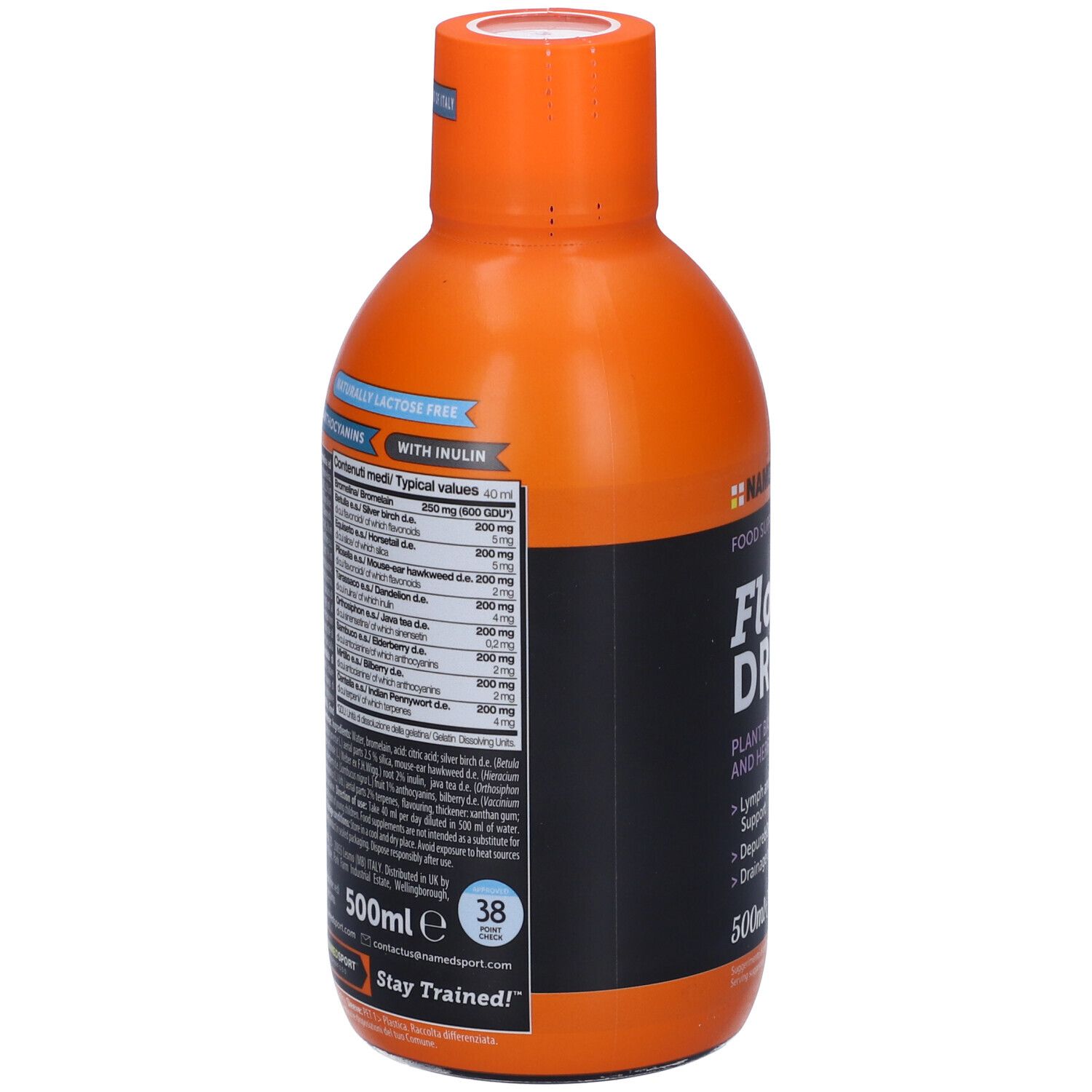 Bottiglia arancione NAMED SPORT Flow DREN. Retro con informazioni nutrizionali e ingredienti. Senza glutine.