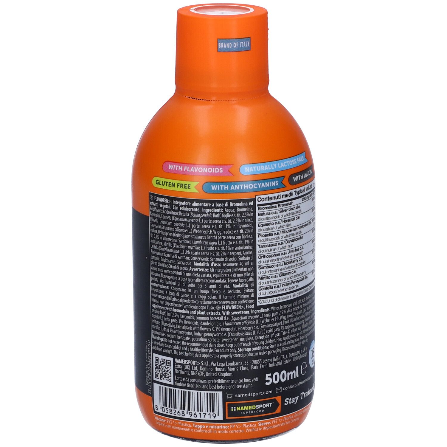 Bottiglia arancione NAMED SPORT Flow DREN. Retro con ingredienti e informazioni nutrizionali. Senza glutine.