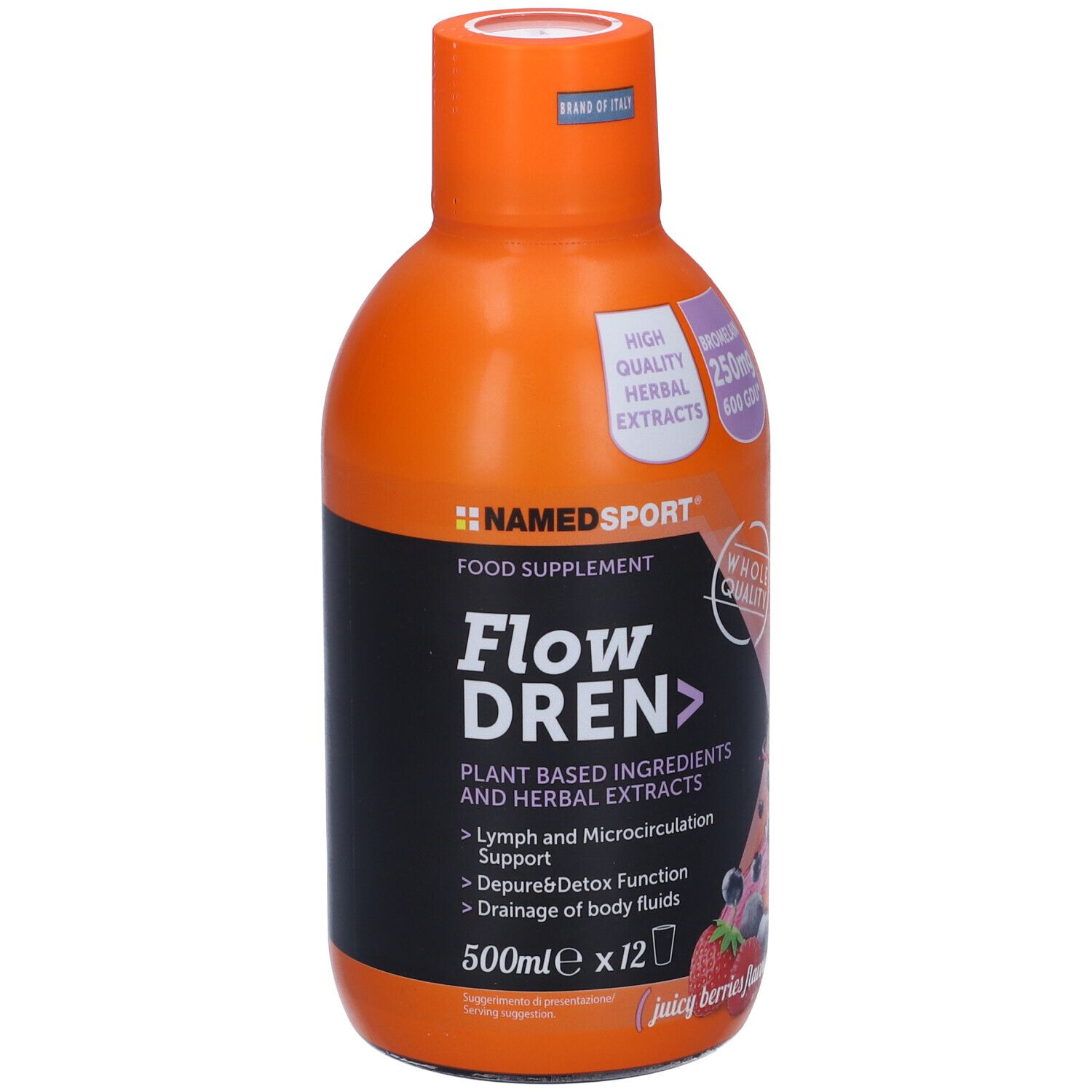 Bottiglia arancione NAMED SPORT Flow DREN. Etichetta con informazioni e ingredienti. Gusto frutti di bosco.