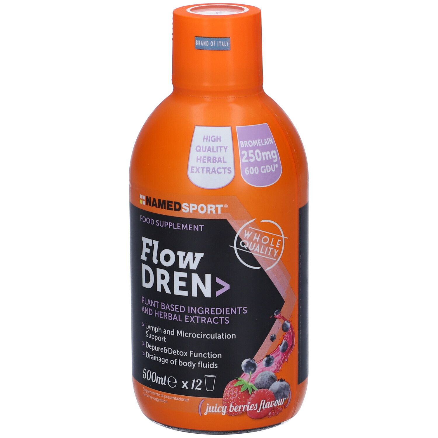 Bottiglia arancione NAMED SPORT Flow DREN. Etichetta con informazioni e ingredienti. Gusto frutti di bosco.