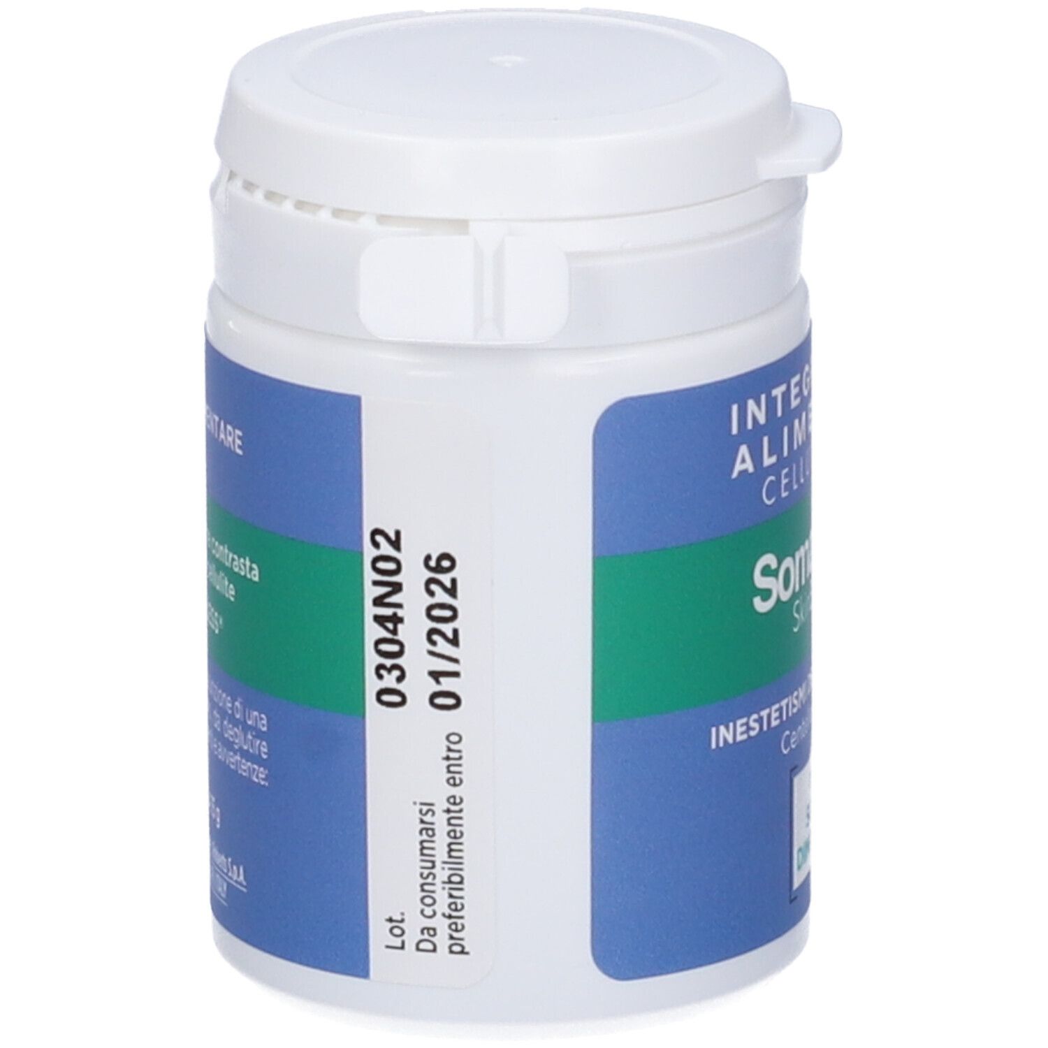 Weißer Behälter mit blauem Etikett. Aufschrift: Somatoline SkinExpert Cellu Expert Compresse. Grüner Streifen.