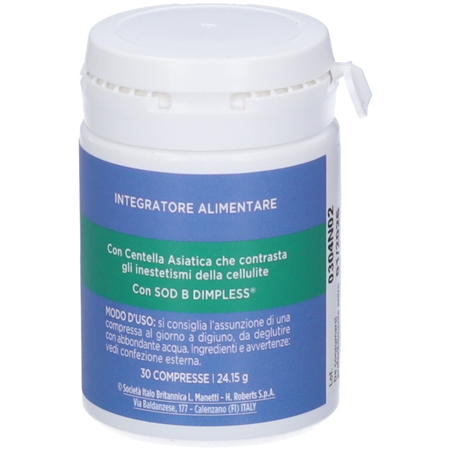 Weißer Behälter mit blauem Etikett. Aufschrift: Somatoline SkinExpert Cellu Expert Compresse. Grüner Streifen.