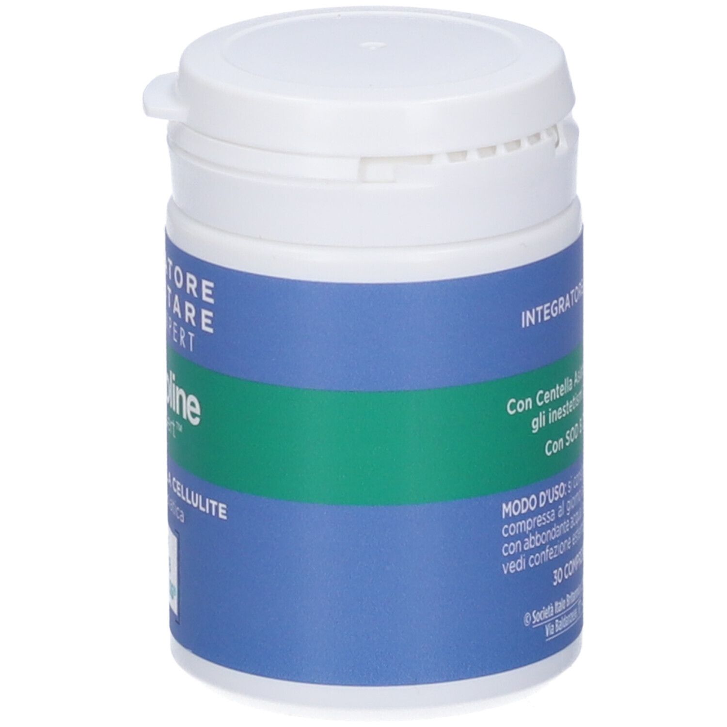 Weißer Behälter mit blauem Etikett. Aufschrift: Somatoline SkinExpert Cellu Expert Compresse. Grüner Streifen.