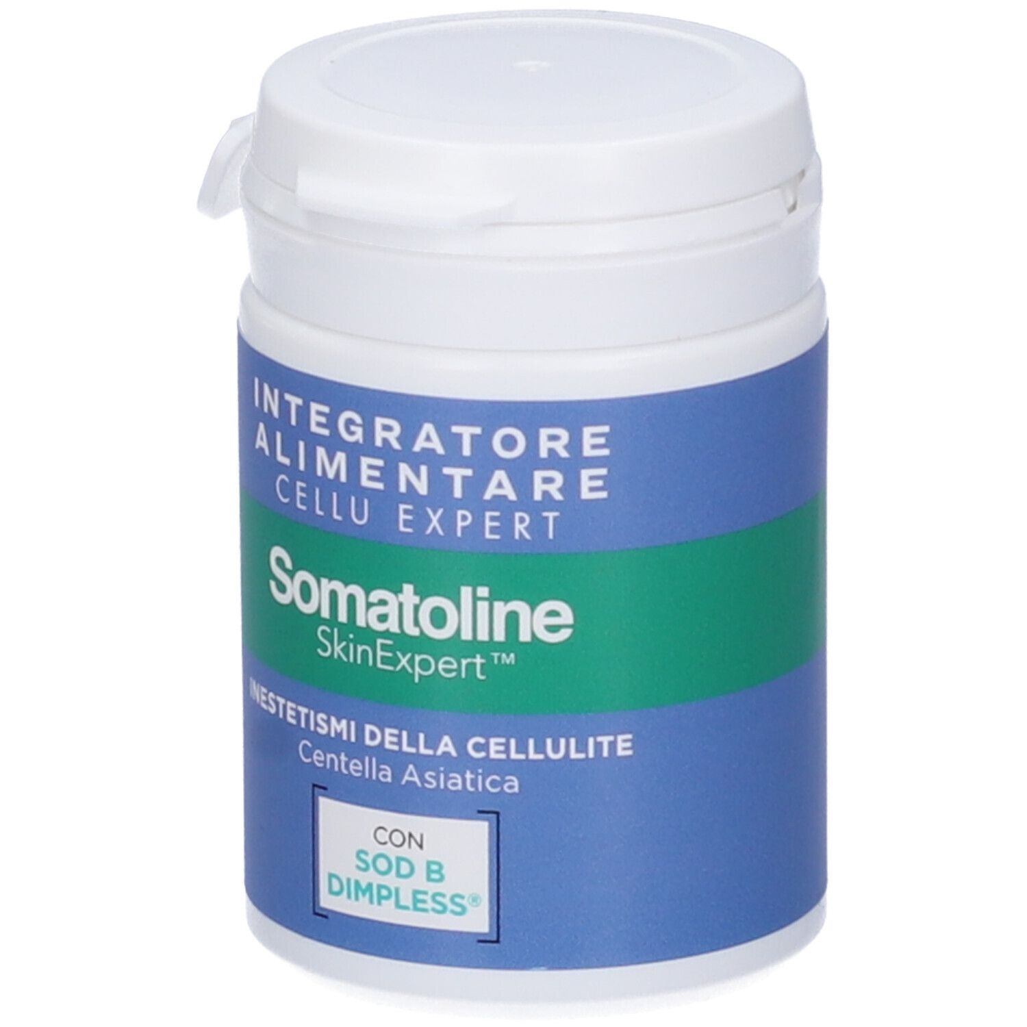 Weißer Behälter mit blauem Etikett. Aufschrift: Somatoline SkinExpert Cellu Expert Compresse. Grüner Streifen.