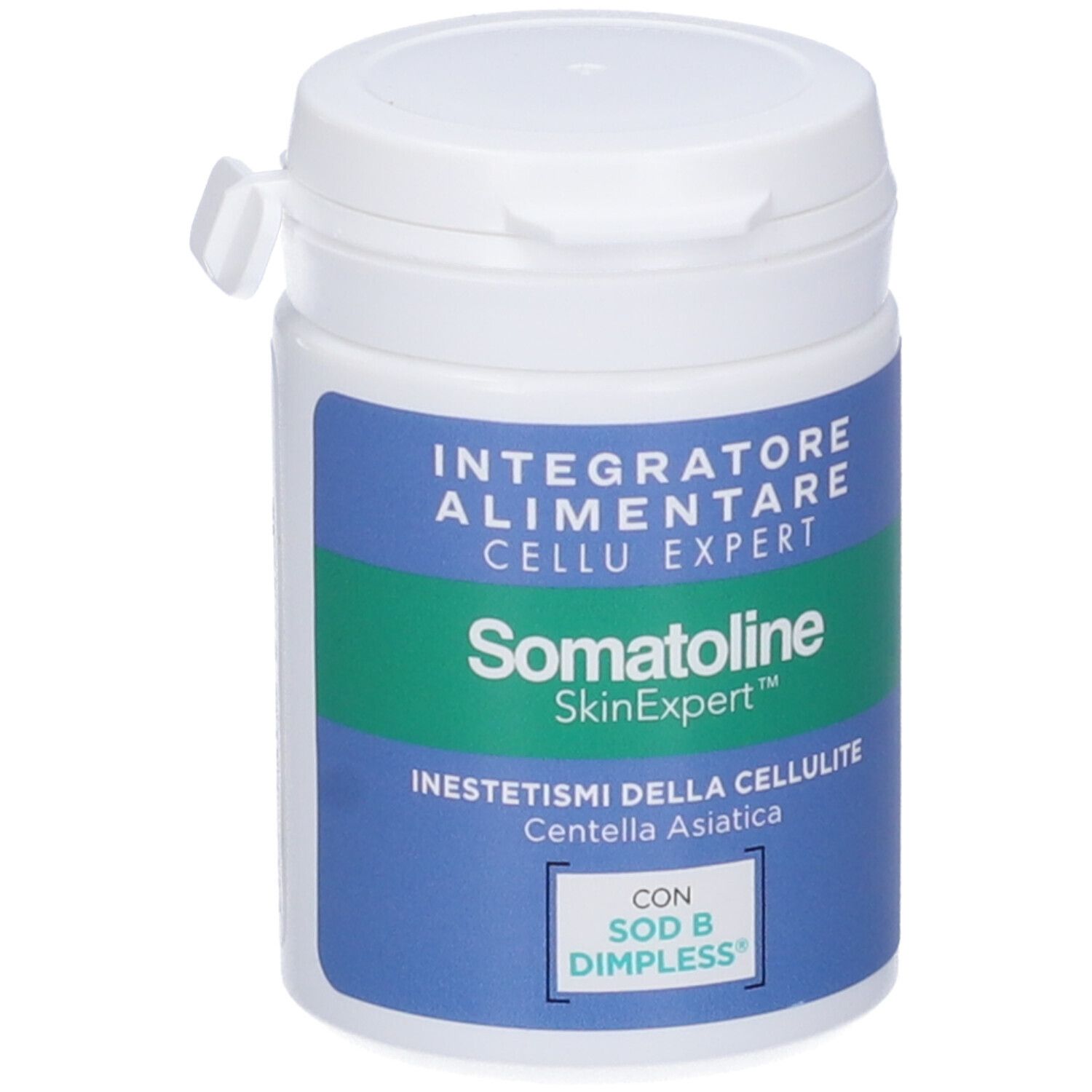 Weißer Behälter mit blauem Etikett. Aufschrift: Somatoline SkinExpert Cellu Expert Compresse. Grüner Streifen.