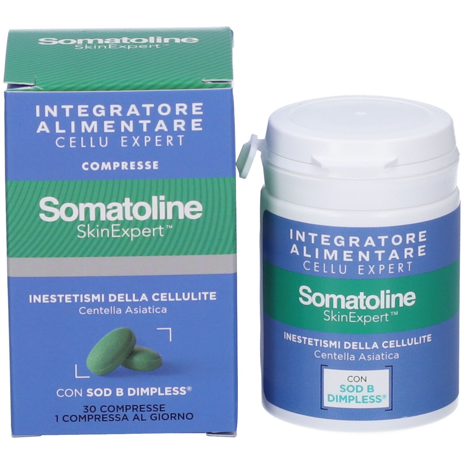 Produktverpackung mit Dose und Schachtel. Aufschrift: Somatoline SkinExpert Cellu Expert Compresse. Grüne Tabletten.