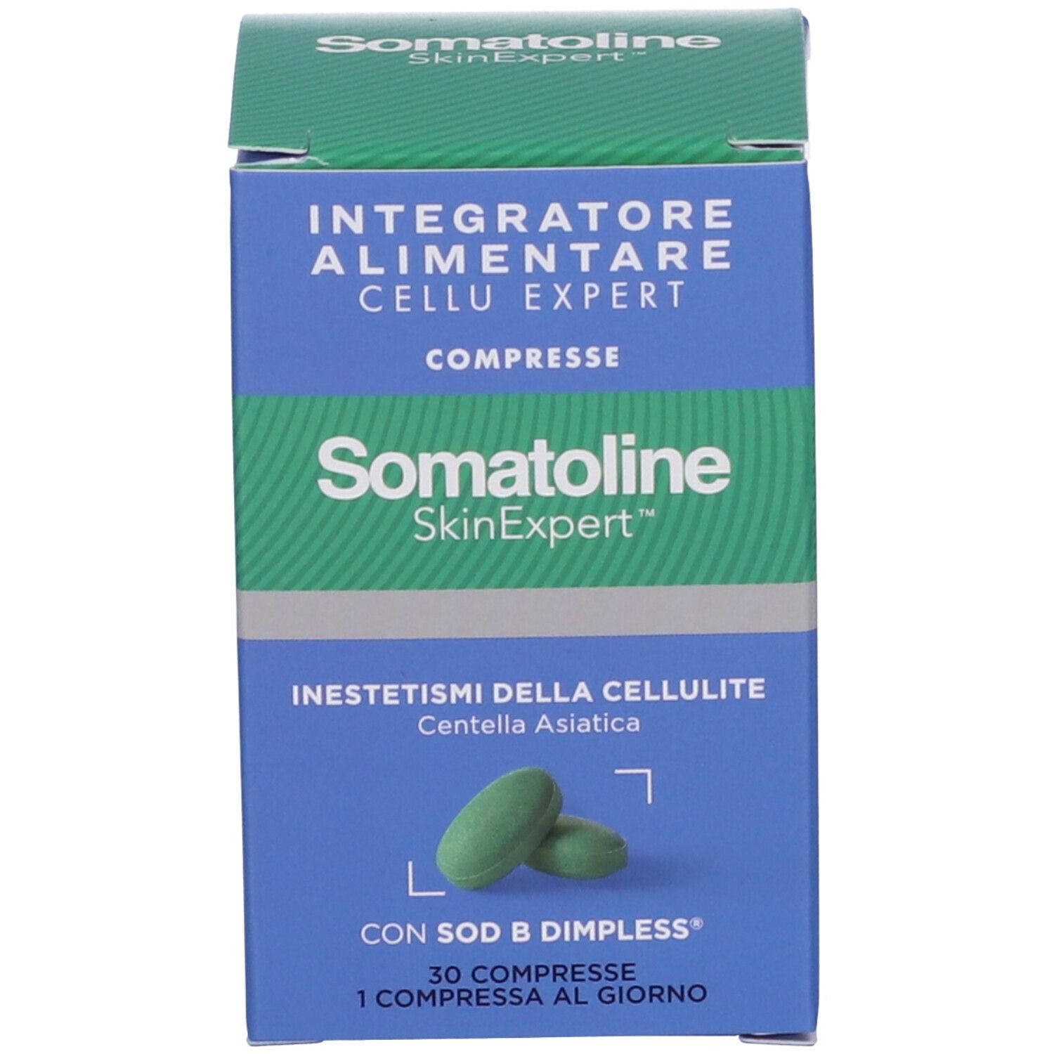Produktverpackung. Aufschrift: Somatoline SkinExpert Cellu Expert Compresse. Grüne Tabletten abgebildet.