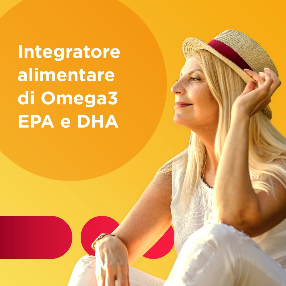 Frau mit Hut, vor gelbem Hintergrund. Text: Integratore alimentare di Omega3 EPA e DHA.
