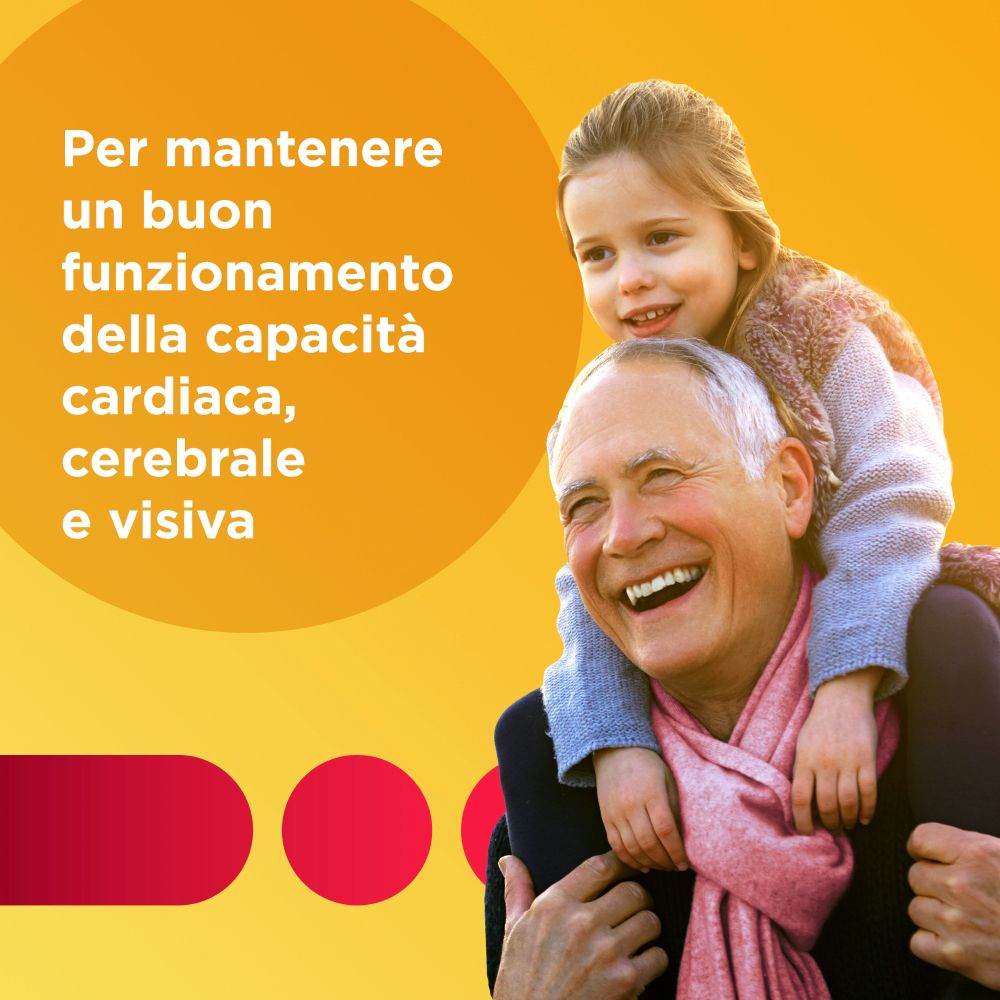 Mann und Kind, gelber Hintergrund. Text: Per mantenere un buon funzionamento della capacità cardiaca, cerebrale e visiva.
