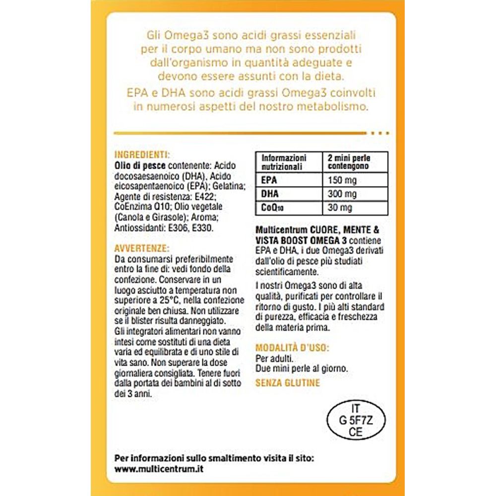 Rückseite der Multicentrum Cuore Mente Vista Boost Omega 3 Verpackung. Enthält Informationen und Inhaltsstoffe.