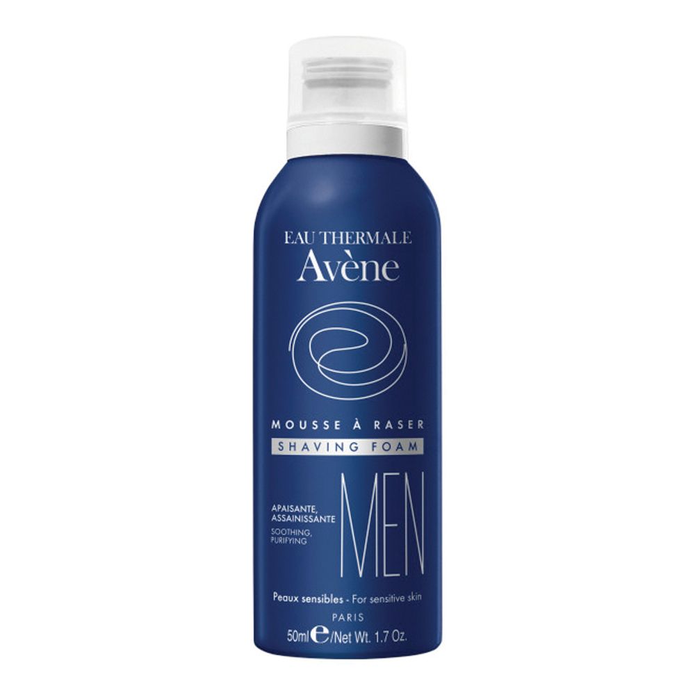 Flacone blu Avene Men Schiuma da Barba con tappo bianco. Scritte: Eau Thermale Avene, Mousse à raser, Shaving Foam, Men.