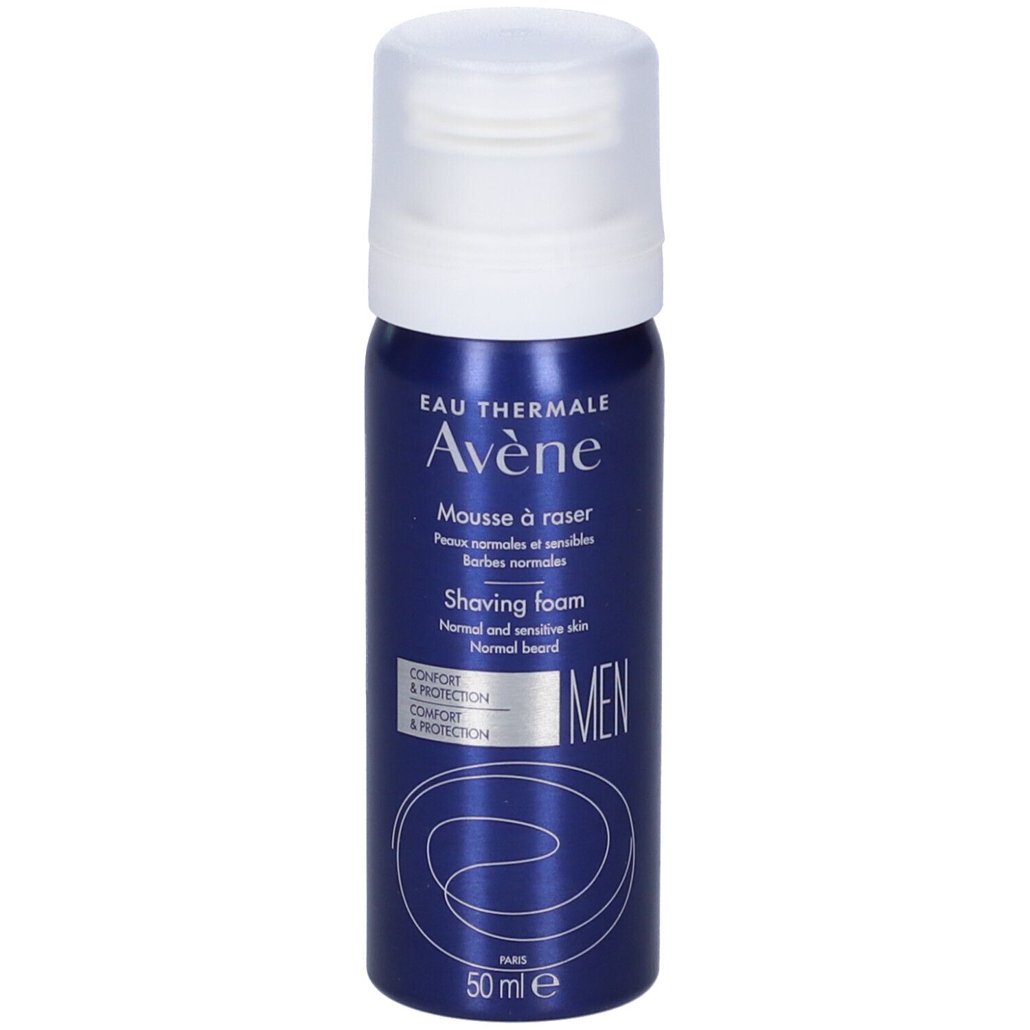 Flacone blu Avene Men Schiuma da Barba con tappo bianco. Scritte: Eau Thermale Avene, Mousse à raser, Shaving Foam, Men, 50 ml.