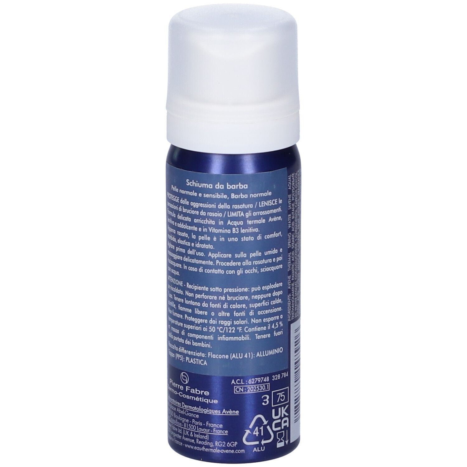 Retro del flacone Avene Men Schiuma da Barba. Scritte: istruzioni per l'uso, ingredienti, informazioni produttore, avvertenze.