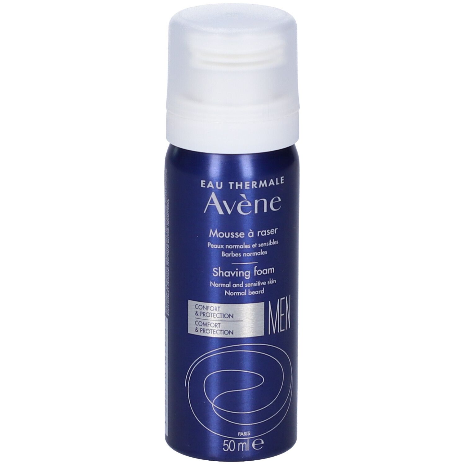 Flacone blu Avene Men Schiuma da Barba con tappo bianco. Scritte: Eau Thermale Avene, Mousse à raser, Shaving Foam, Men, 50 ml.