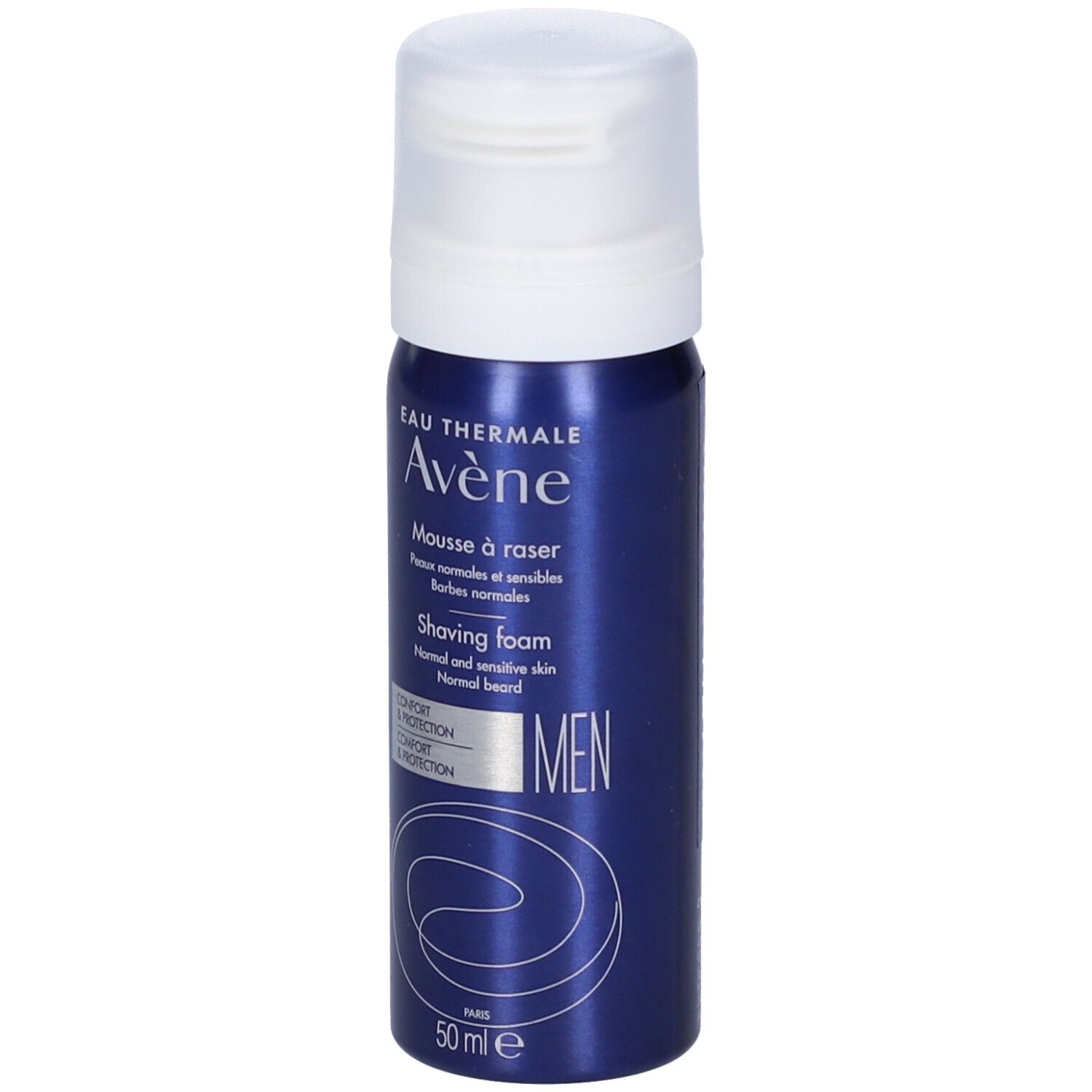 Flacone blu Avene Men Schiuma da Barba con tappo bianco. Scritte: Eau Thermale Avene, Mousse à raser, Shaving Foam, Men, 50 ml.