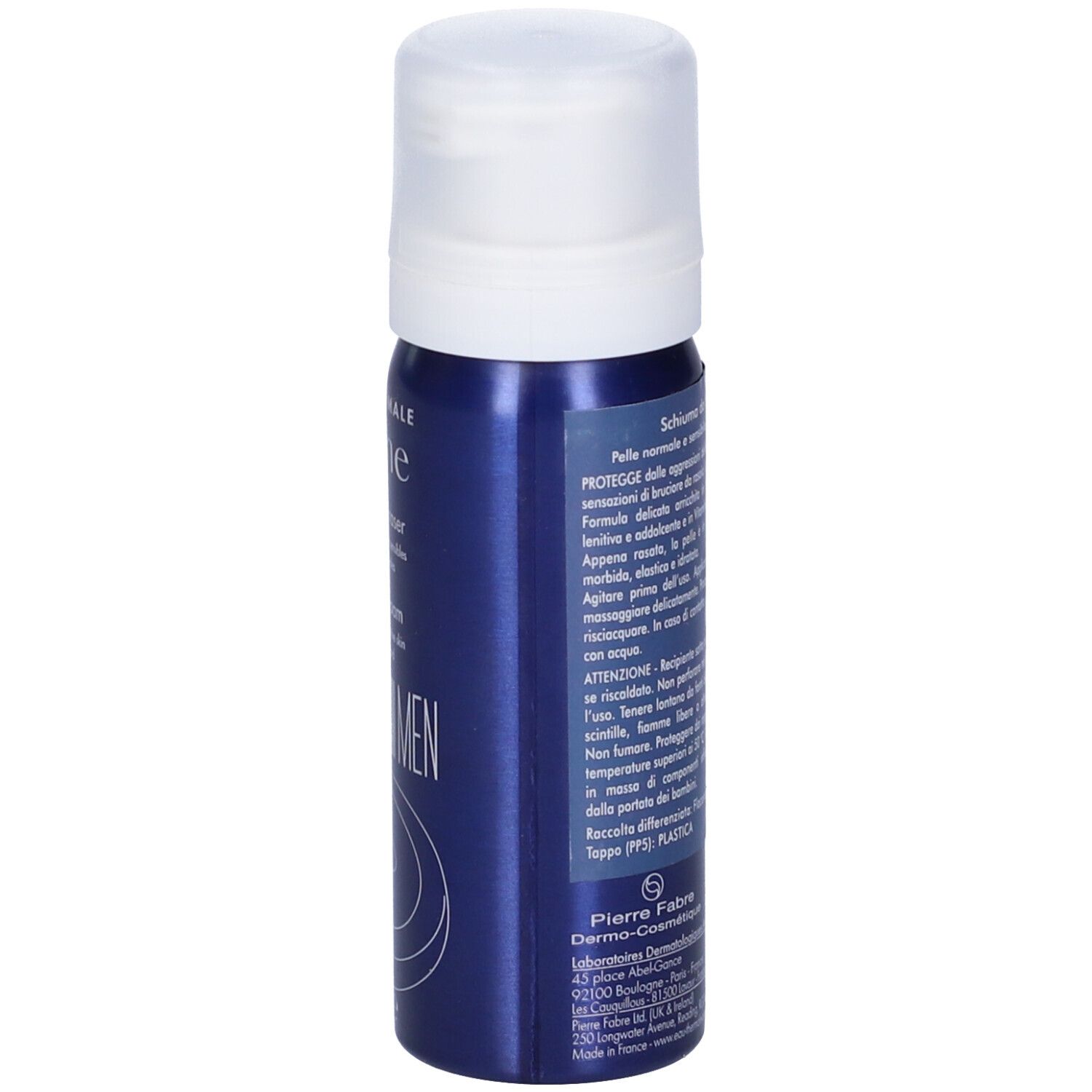 Retro del flacone Avene Men Schiuma da Barba. Scritte: istruzioni per l'uso, informazioni produttore, avvertenze.