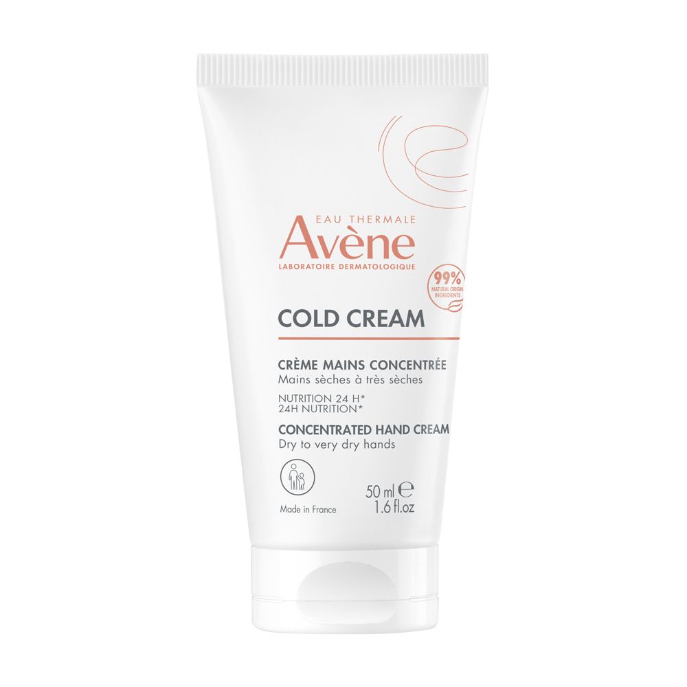 Weiße Tube mit roter und schwarzer Aufschrift. Enthält Cold Cream. Marke: Avène. Konzentrierte Handcreme für trockene bis sehr trockene Hände.
