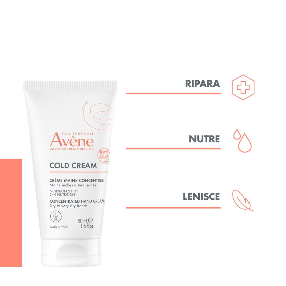 Weiße Tube mit roter und schwarzer Aufschrift. Enthält Cold Cream. Marke: Avène. Text: Crème Mains Concentrée.