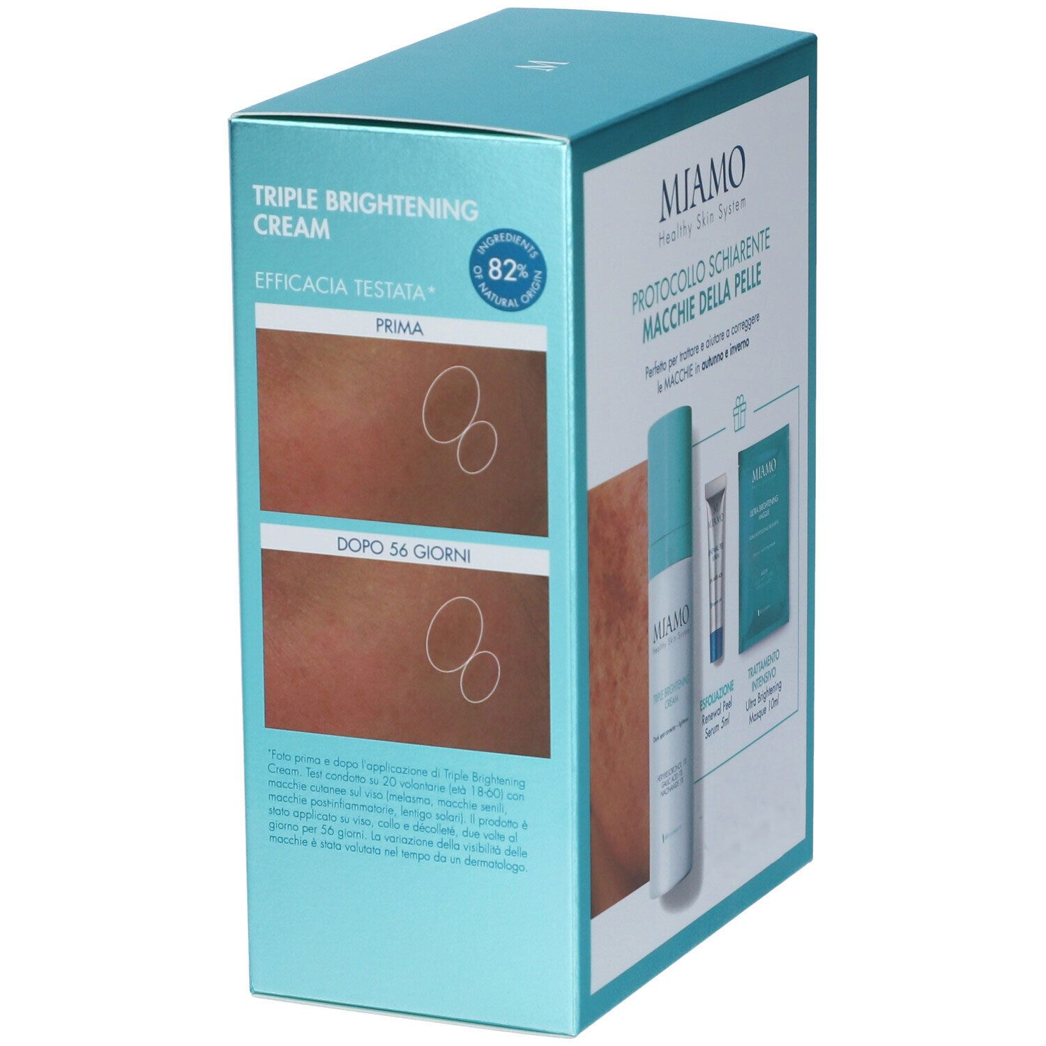 Scatola Miamo con crema, siero e maschera. Testo: Protocollo Schiarente Macchie della Pelle. Immagini prima/dopo.