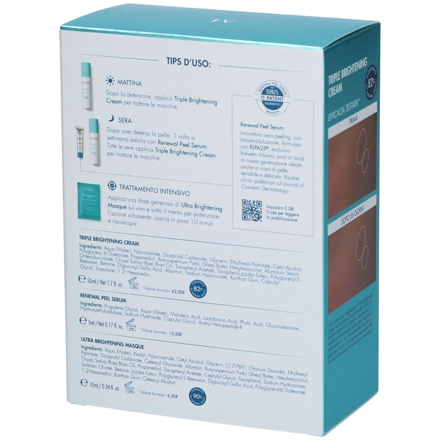 Retro della scatola Miamo. Contiene informazioni sugli ingredienti e l'uso. Testo: Triple Brightening Cream.